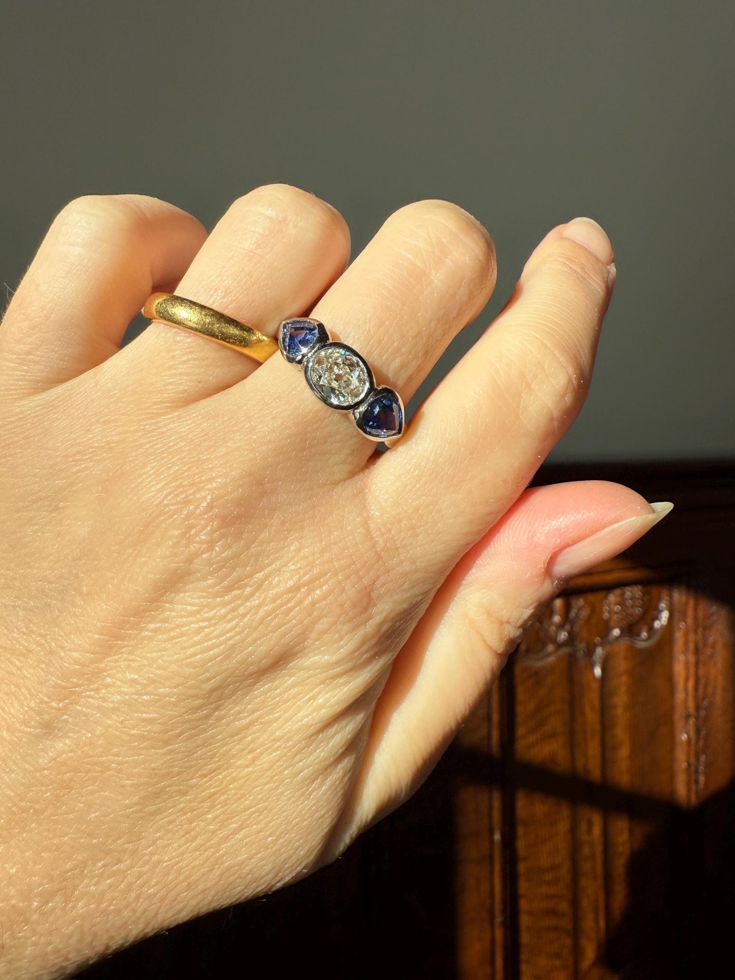 Vintage Spready One Carat Old Mine Cut DIAMOND Natural Pear SAPPHIRE East West OVAL Platinum Three Stone Ring Bezel Stacker Band Blue Chunky