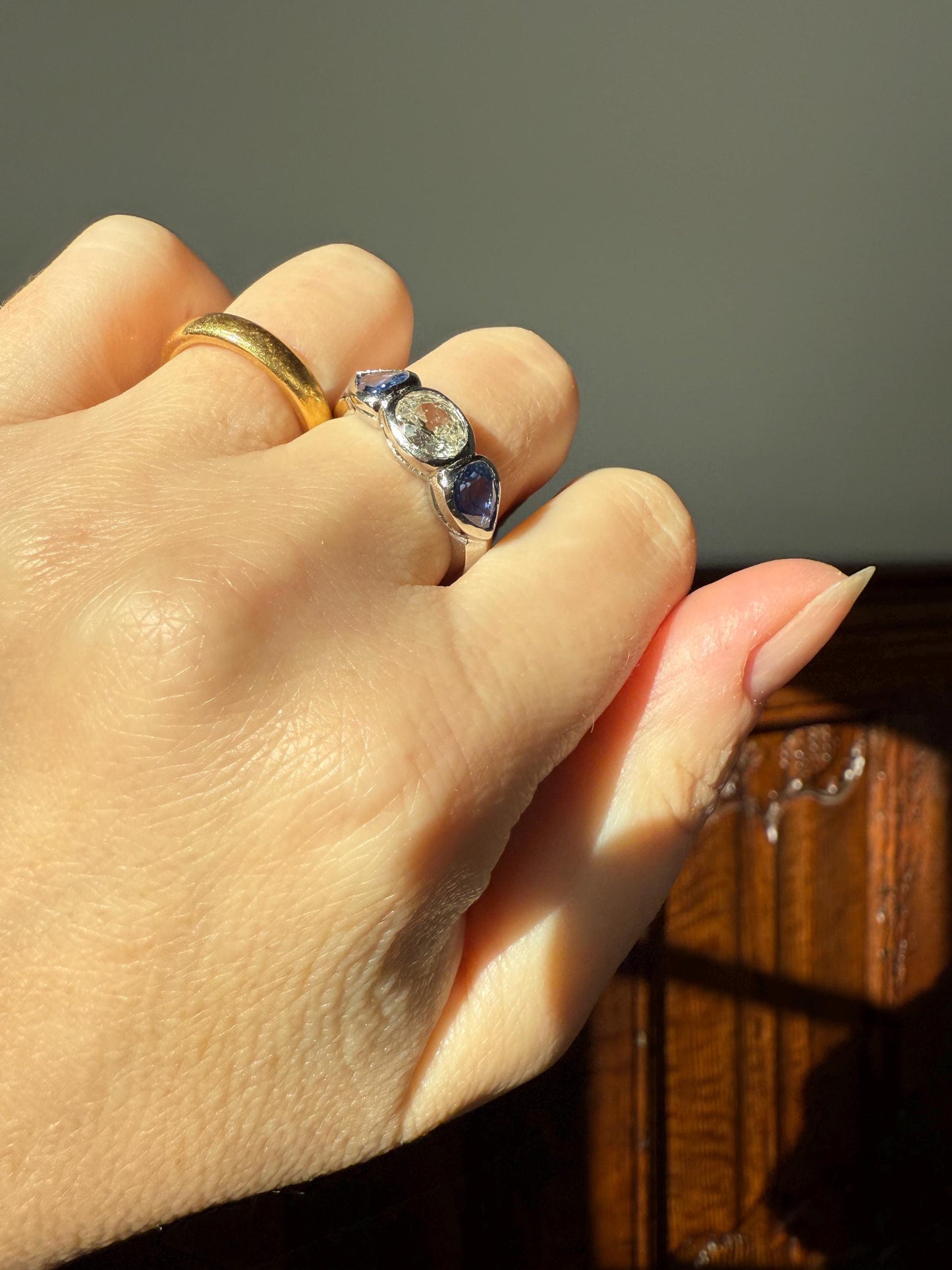 Vintage Spready One Carat Old Mine Cut DIAMOND Natural Pear SAPPHIRE East West OVAL Platinum Three Stone Ring Bezel Stacker Band Blue Chunky