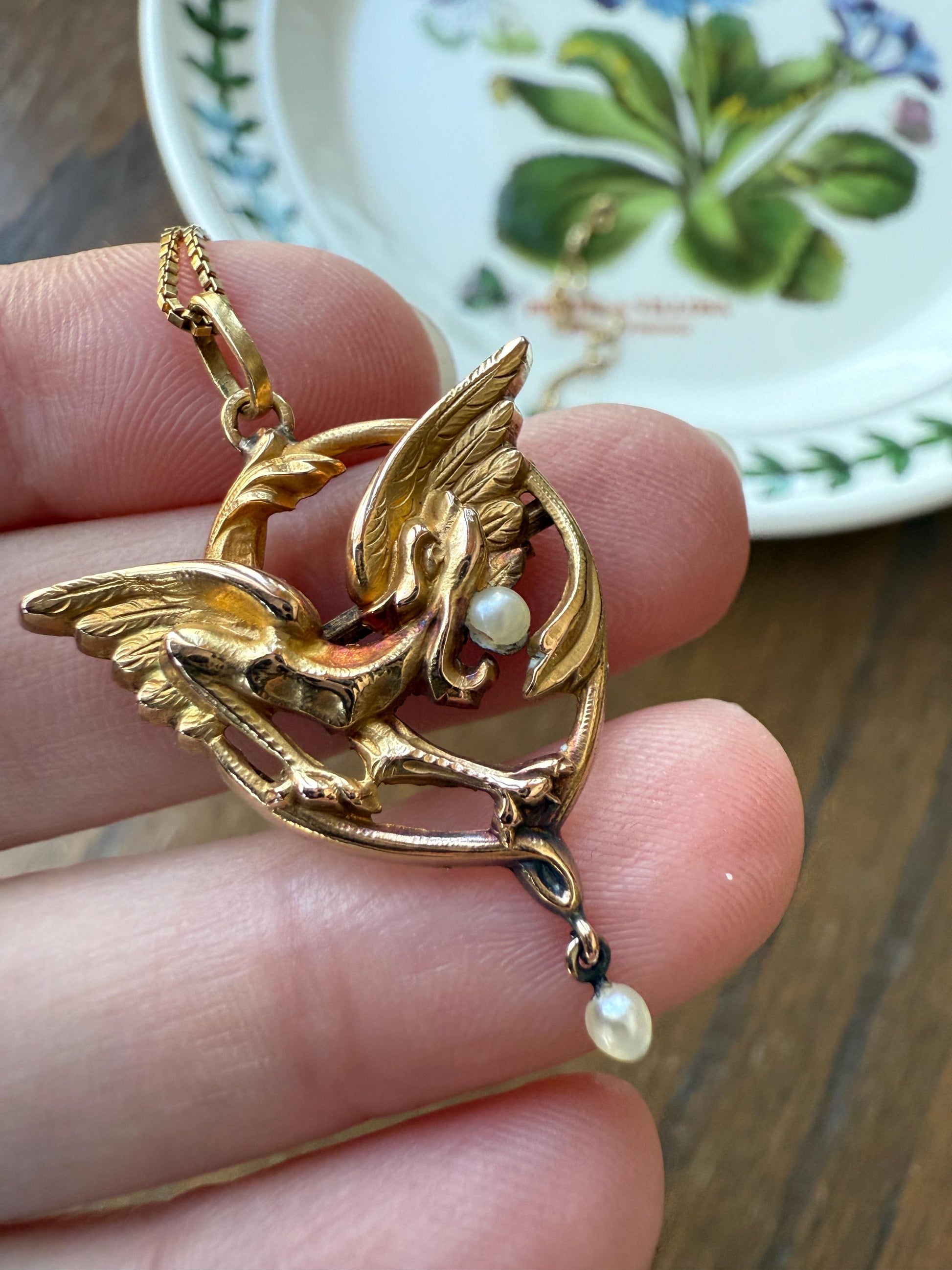 FRENCH Antique 18k Gold DRAGON Pendant on Chain Necklace Solid Chimera Griffin Winged Beast FIGURAL Pearl Victorian Belle Epoque Lifelike