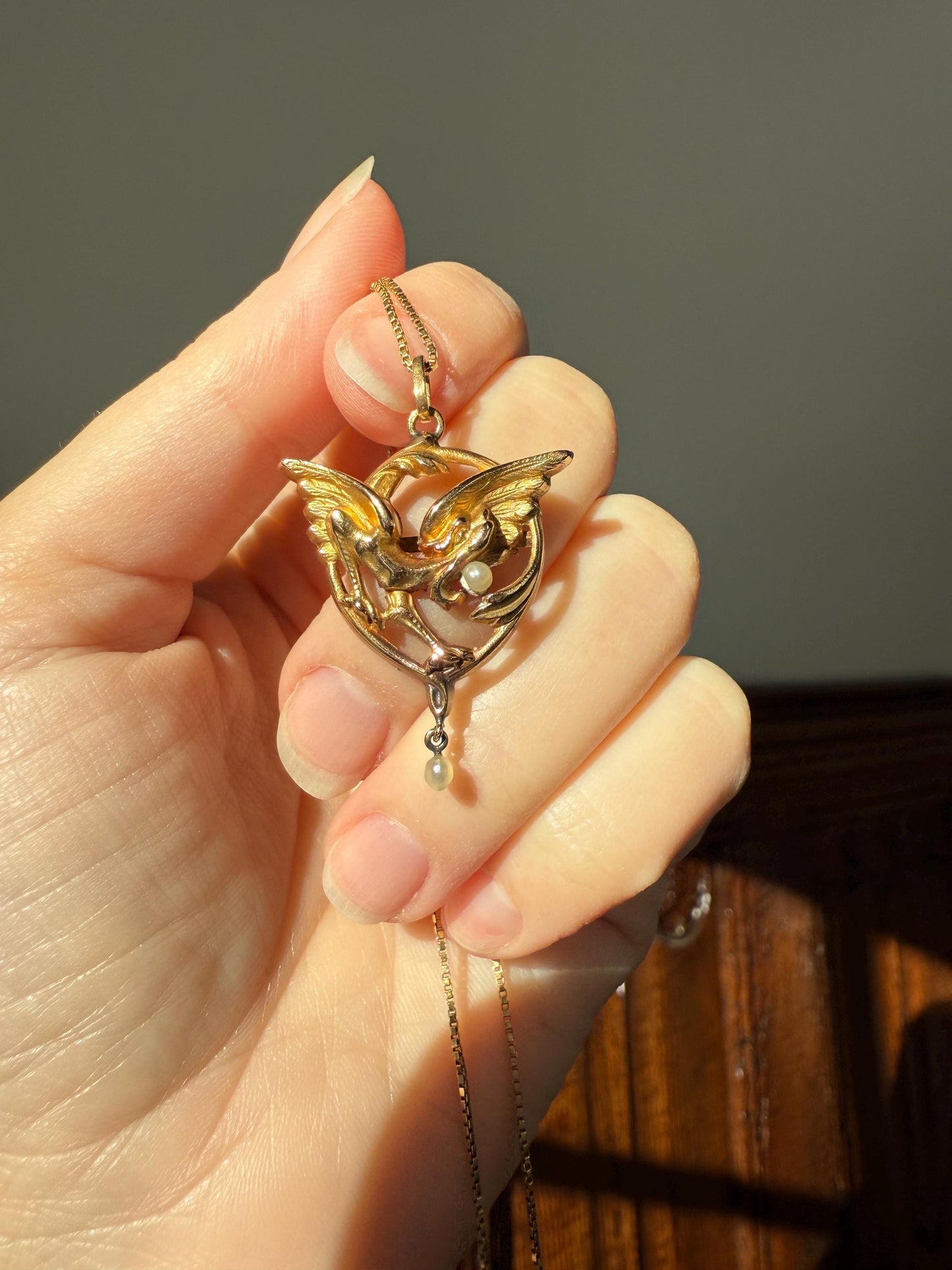 FRENCH Antique 18k Gold DRAGON Pendant on Chain Necklace Solid Chimera Griffin Winged Beast FIGURAL Pearl Victorian Belle Epoque Lifelike