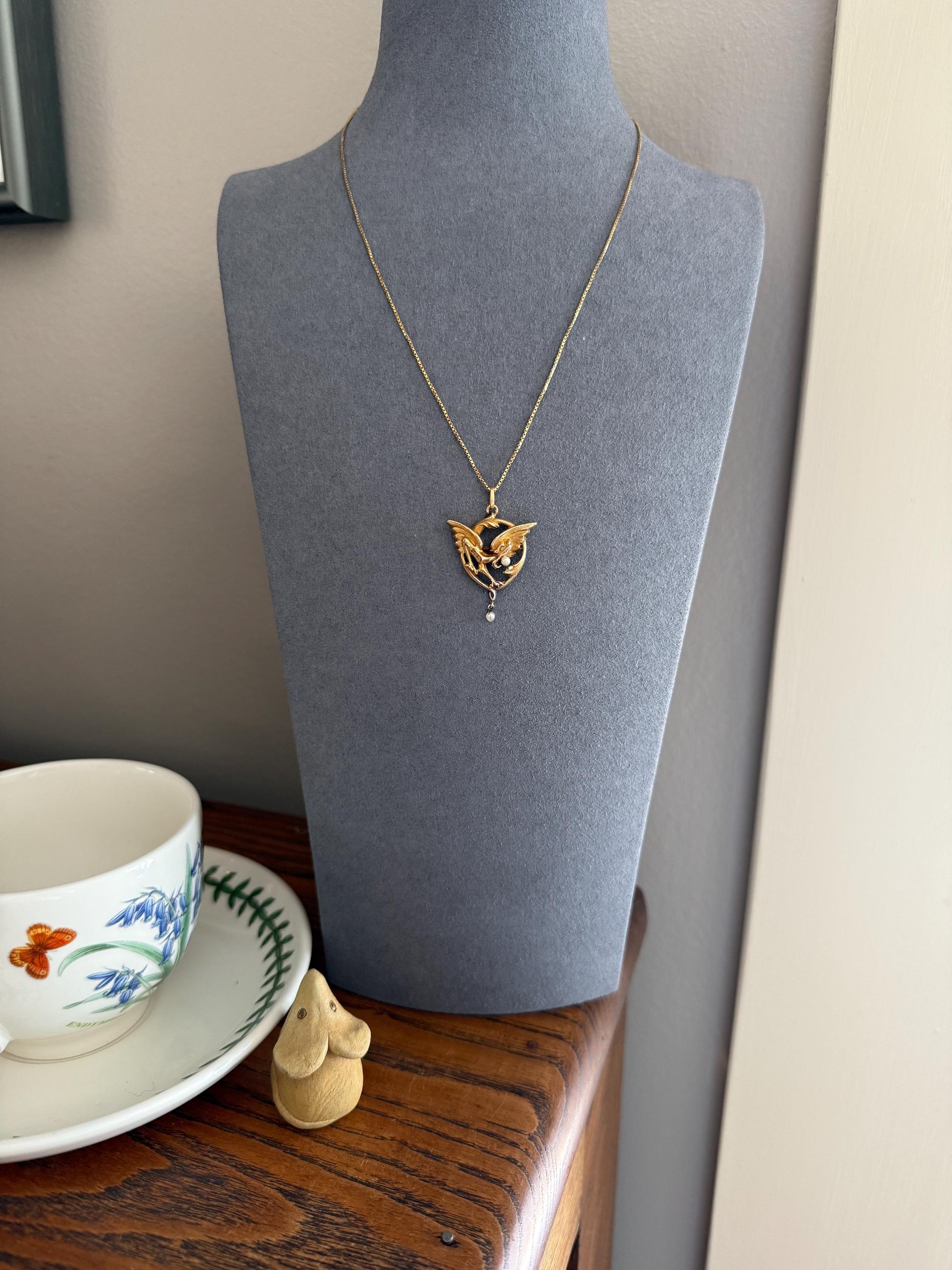 FRENCH Antique 18k Gold DRAGON Pendant on Chain Necklace Solid Chimera Griffin Winged Beast FIGURAL Pearl Victorian Belle Epoque Lifelike