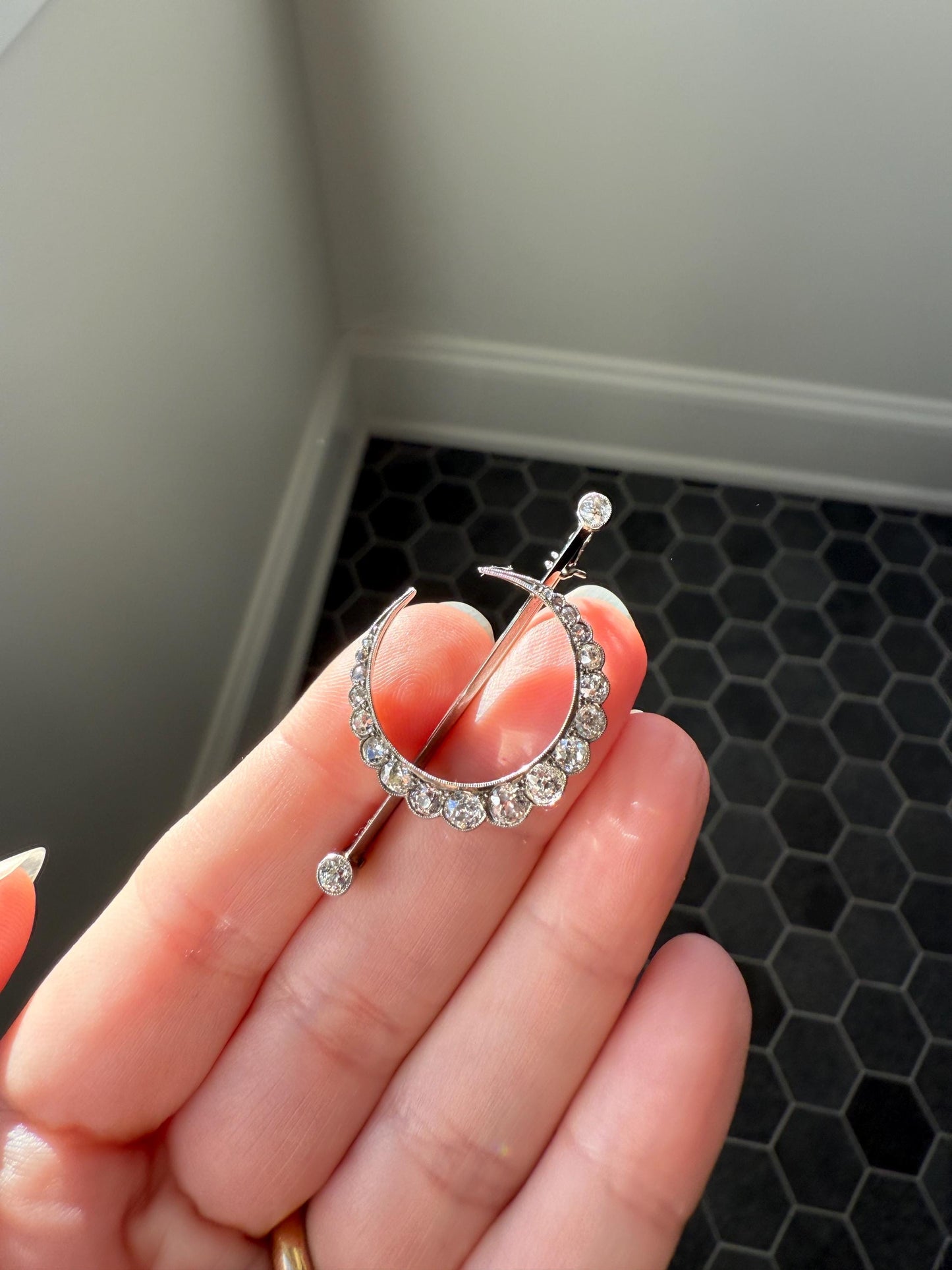 MOON Crescent Scalloped Brooch 2 Carat Old Mine DIAMOND 9k White Gold Extender Connector Pendant Pin Charm Holder Figural Celestial Milgrain