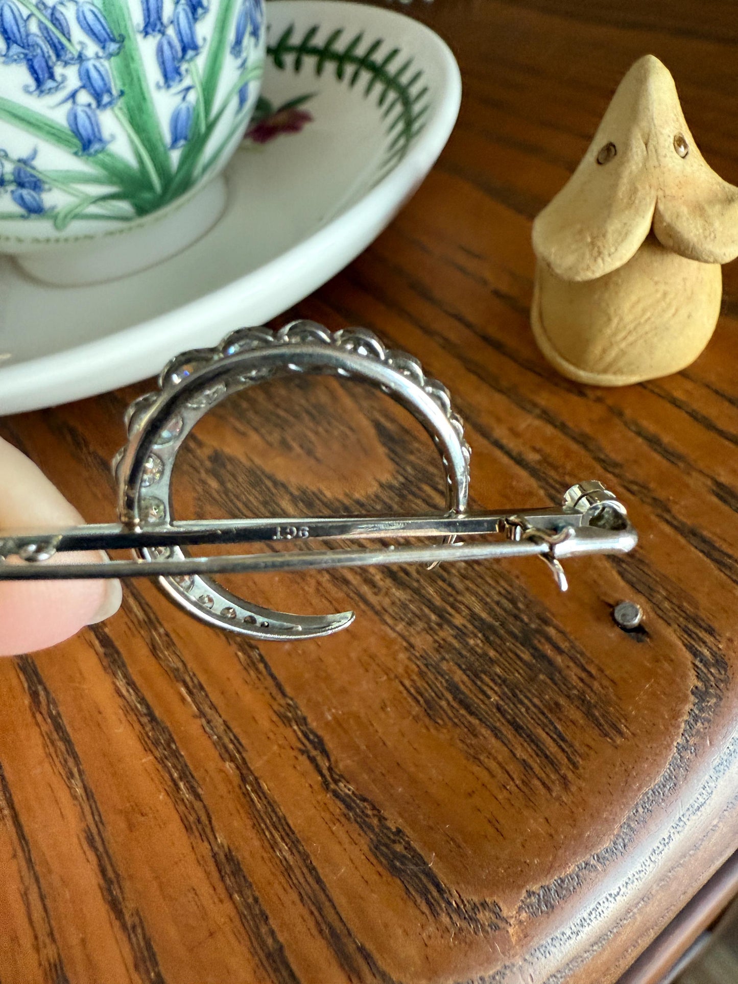 MOON Crescent Scalloped Brooch 2 Carat Old Mine DIAMOND 9k White Gold Extender Connector Pendant Pin Charm Holder Figural Celestial Milgrain