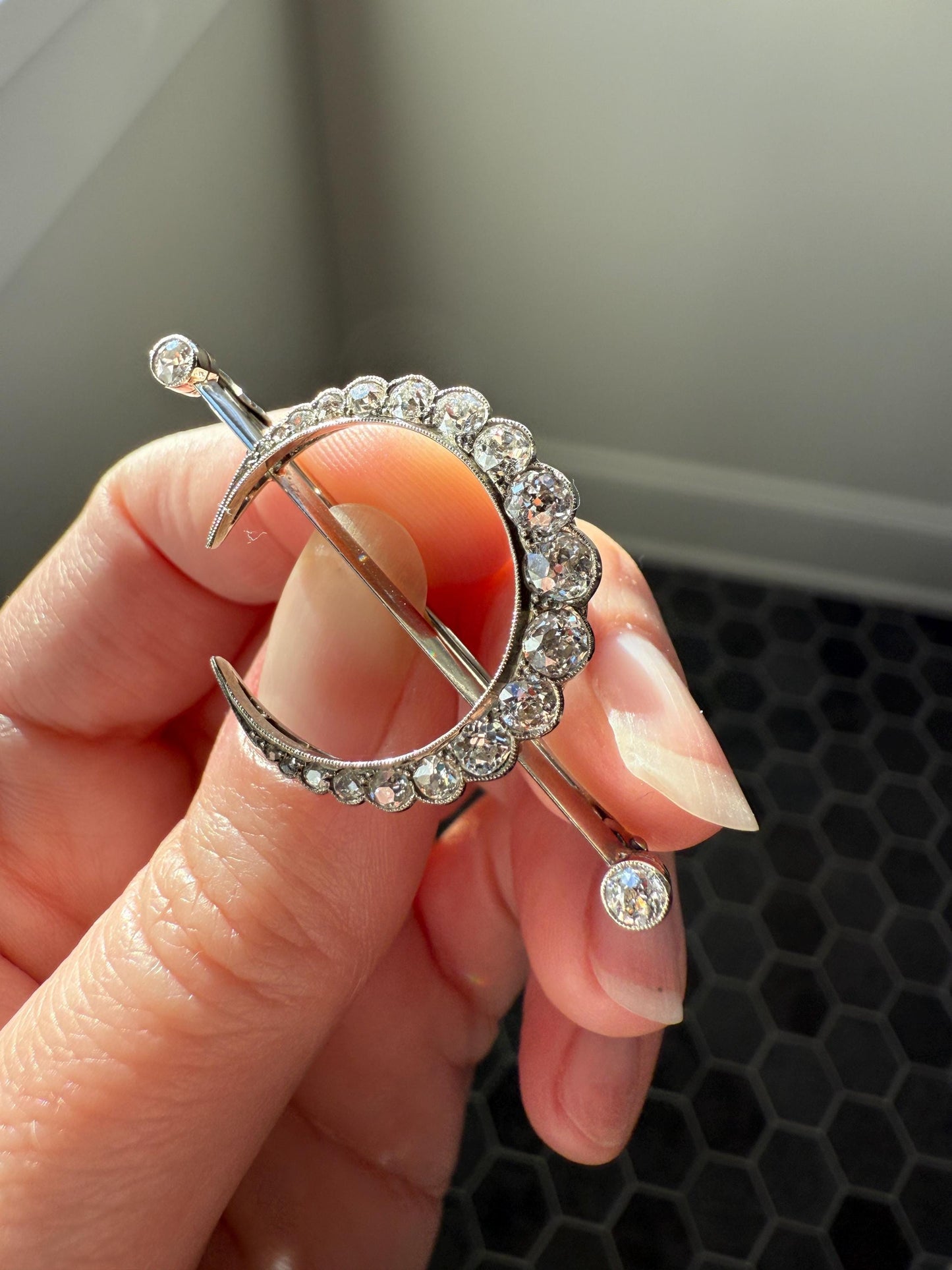 MOON Crescent Scalloped Brooch 2 Carat Old Mine DIAMOND 9k White Gold Extender Connector Pendant Pin Charm Holder Figural Celestial Milgrain