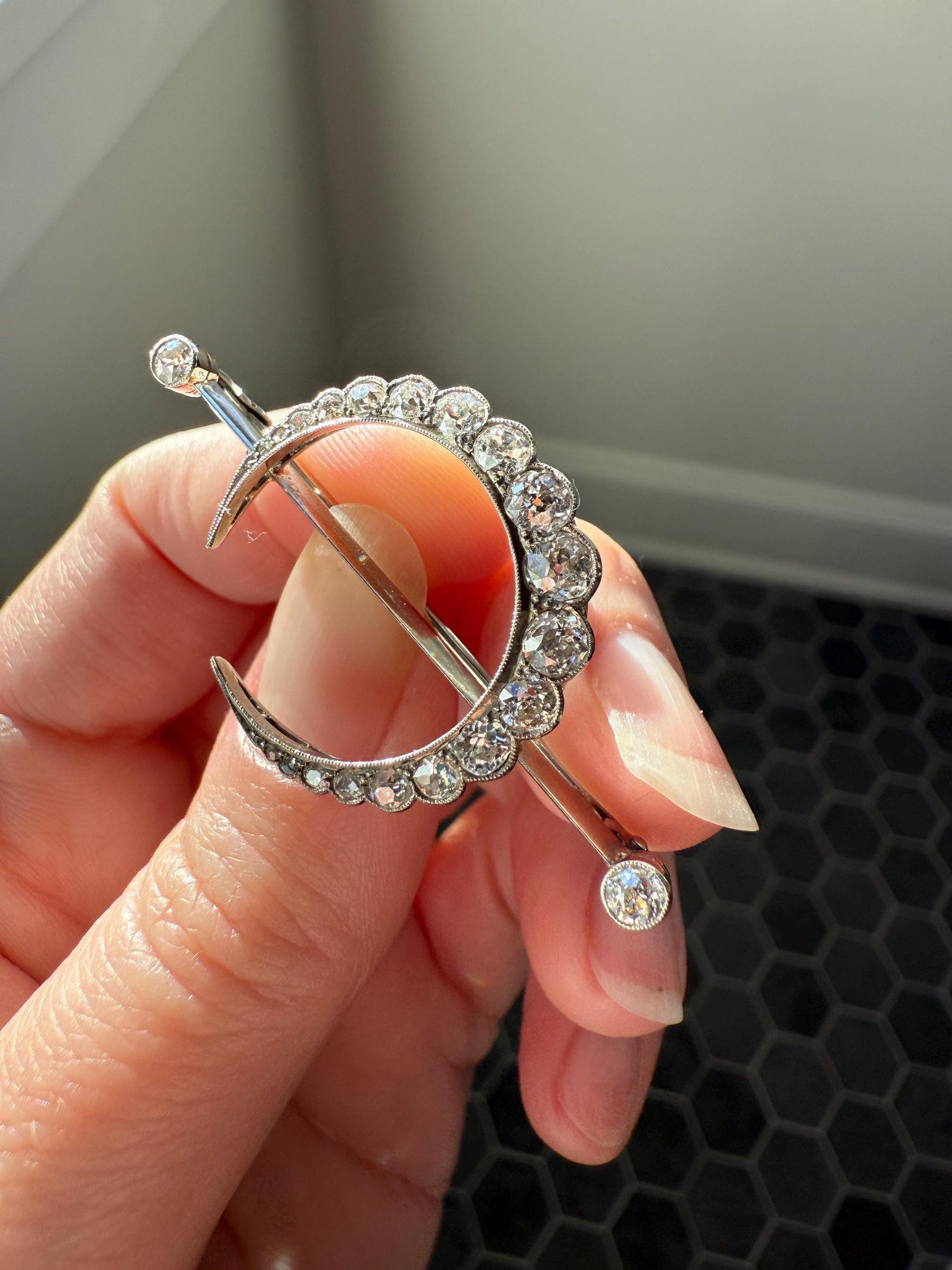 MOON Crescent Scalloped Brooch 2 Carat Old Mine DIAMOND 9k White Gold Extender Connector Pendant Pin Charm Holder Figural Celestial Milgrain