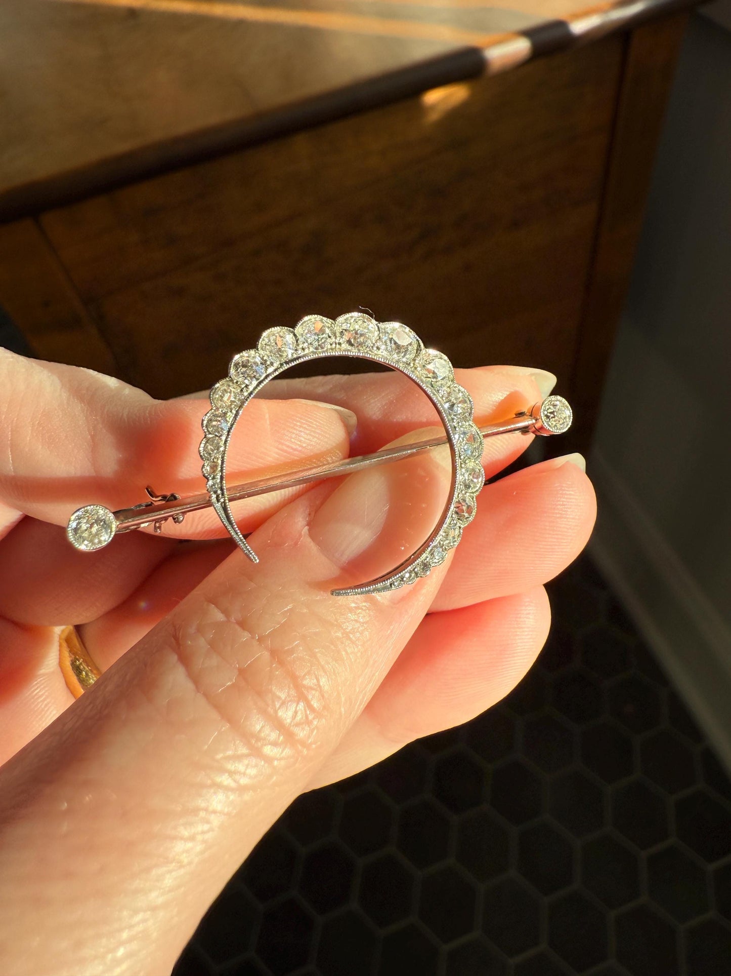 MOON Crescent Scalloped Brooch 2 Carat Old Mine DIAMOND 9k White Gold Extender Connector Pendant Pin Charm Holder Figural Celestial Milgrain