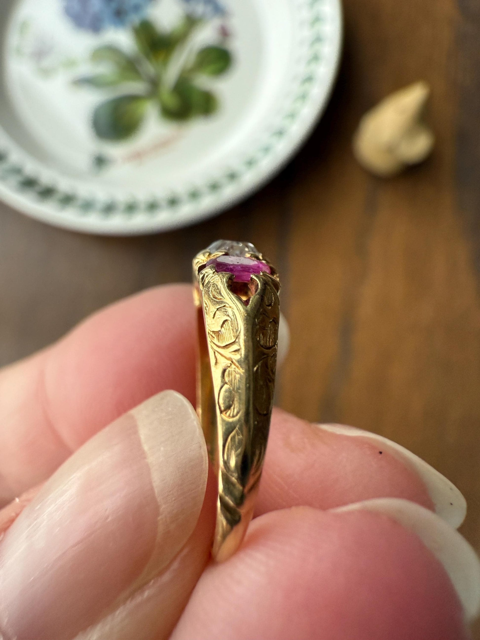 Antique Elongated Old Mine Cut DIAMOND Ruby Pink 18k Gold Three Stone Ring Stacker Band Victorian Pinky Midi Engraved Knife Edge Shoulders