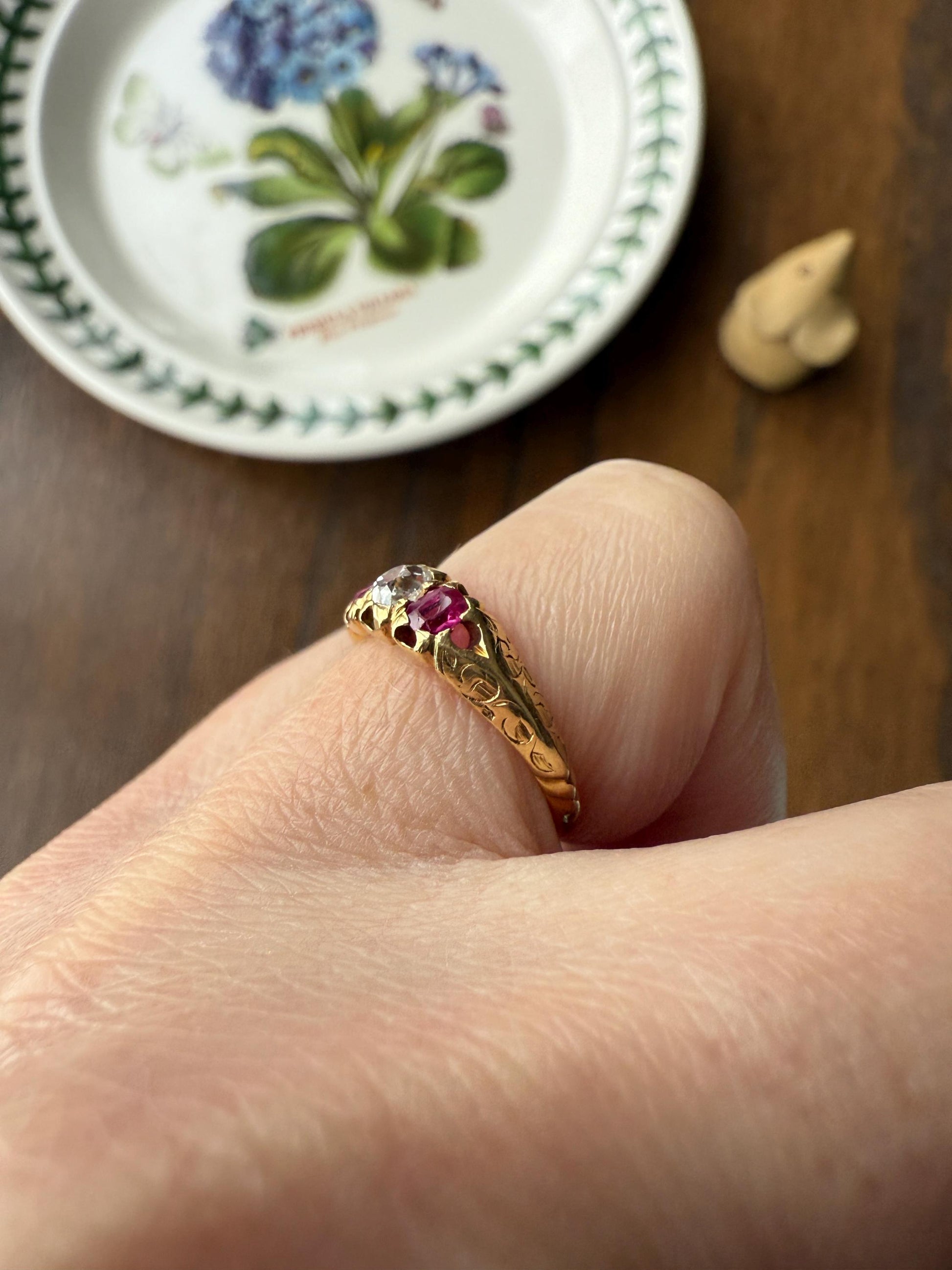 Antique Elongated Old Mine Cut DIAMOND Ruby Pink 18k Gold Three Stone Ring Stacker Band Victorian Pinky Midi Engraved Knife Edge Shoulders
