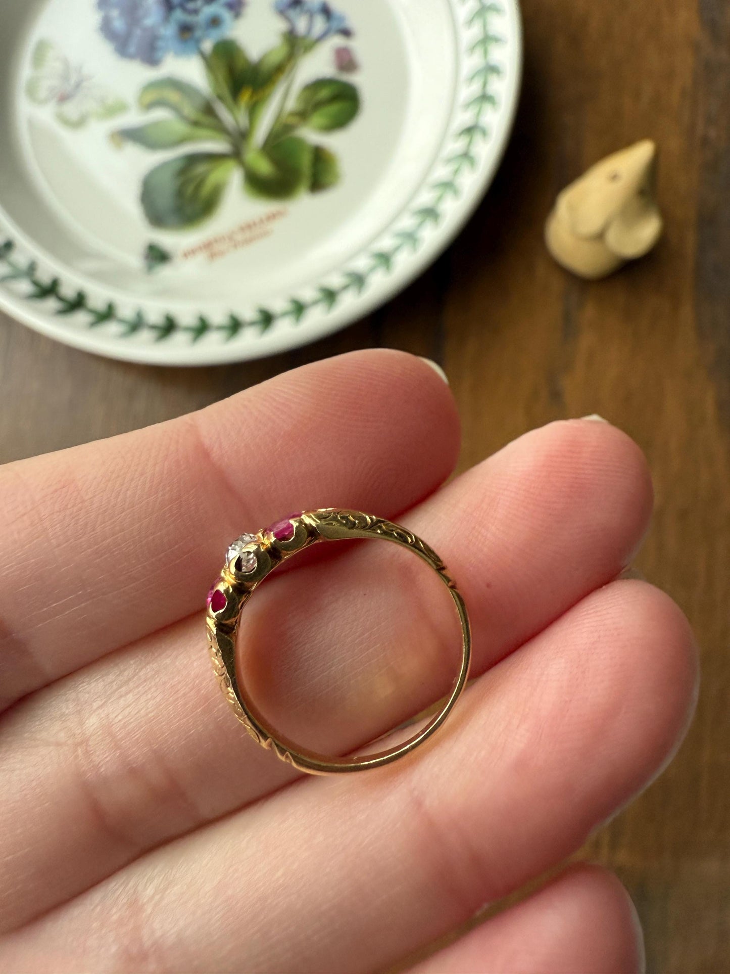 Antique Elongated Old Mine Cut DIAMOND Ruby Pink 18k Gold Three Stone Ring Stacker Band Victorian Pinky Midi Engraved Knife Edge Shoulders