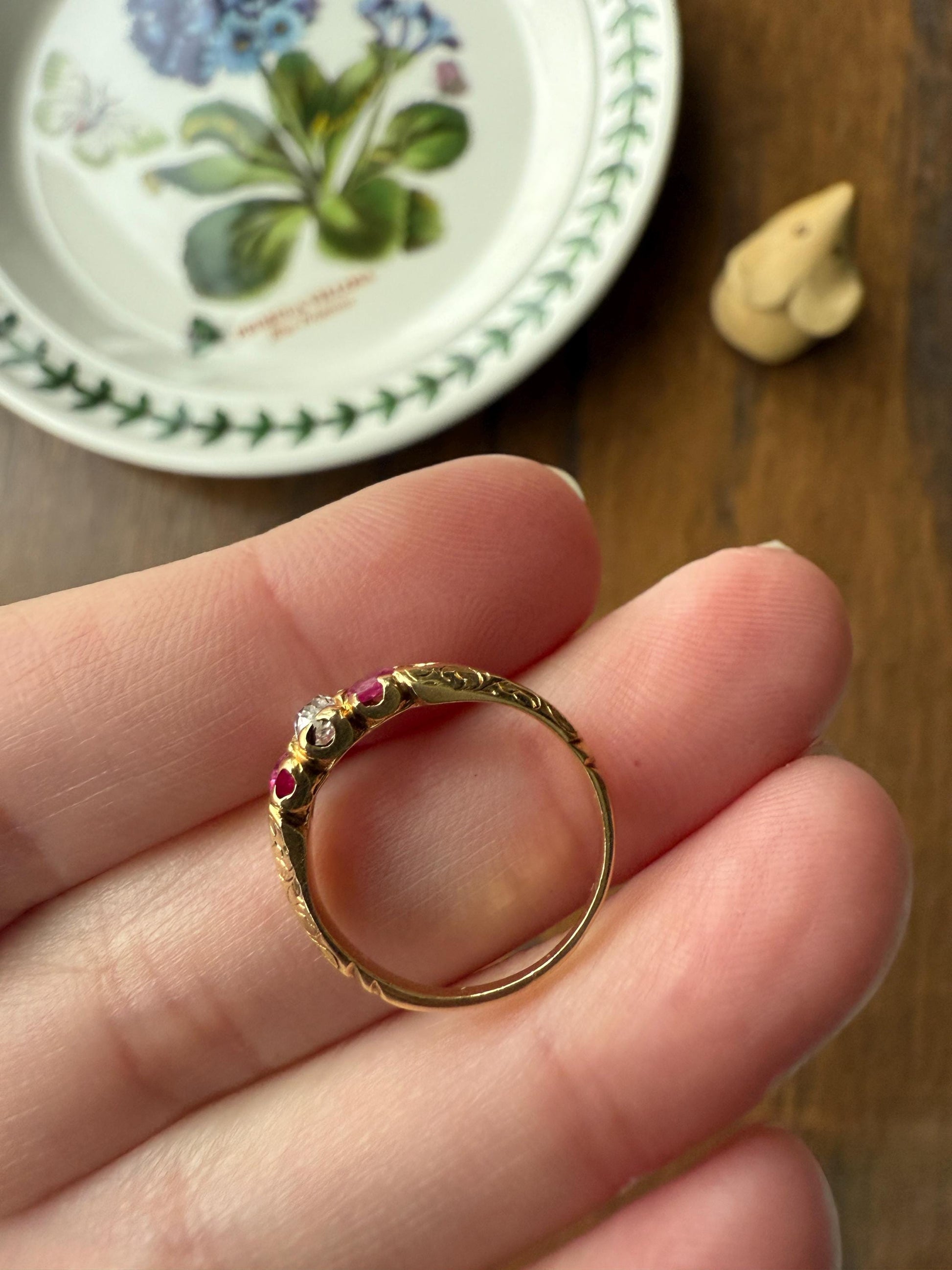 Antique Elongated Old Mine Cut DIAMOND Ruby Pink 18k Gold Three Stone Ring Stacker Band Victorian Pinky Midi Engraved Knife Edge Shoulders