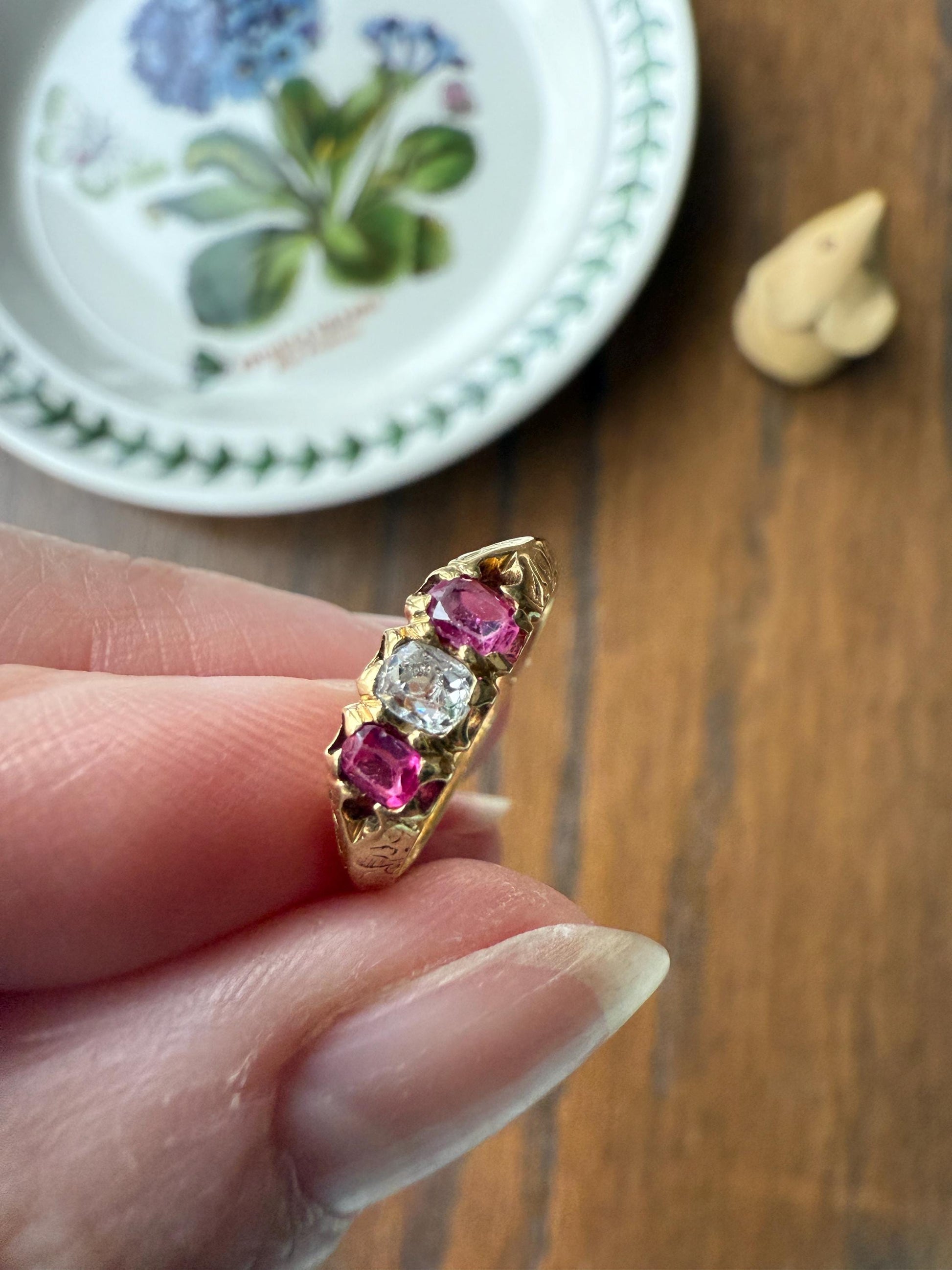 Antique Elongated Old Mine Cut DIAMOND Ruby Pink 18k Gold Three Stone Ring Stacker Band Victorian Pinky Midi Engraved Knife Edge Shoulders