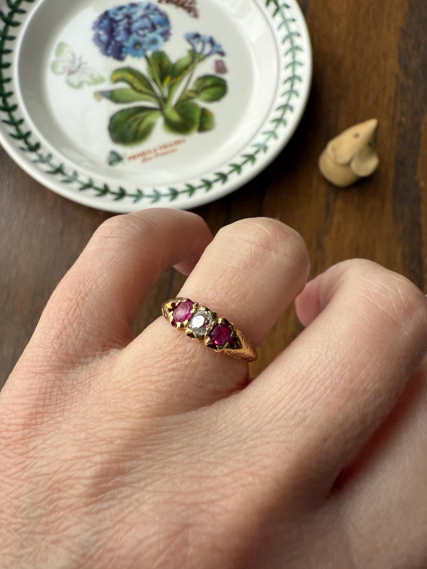 Antique Elongated Old Mine Cut DIAMOND Ruby Pink 18k Gold Three Stone Ring Stacker Band Victorian Pinky Midi Engraved Knife Edge Shoulders