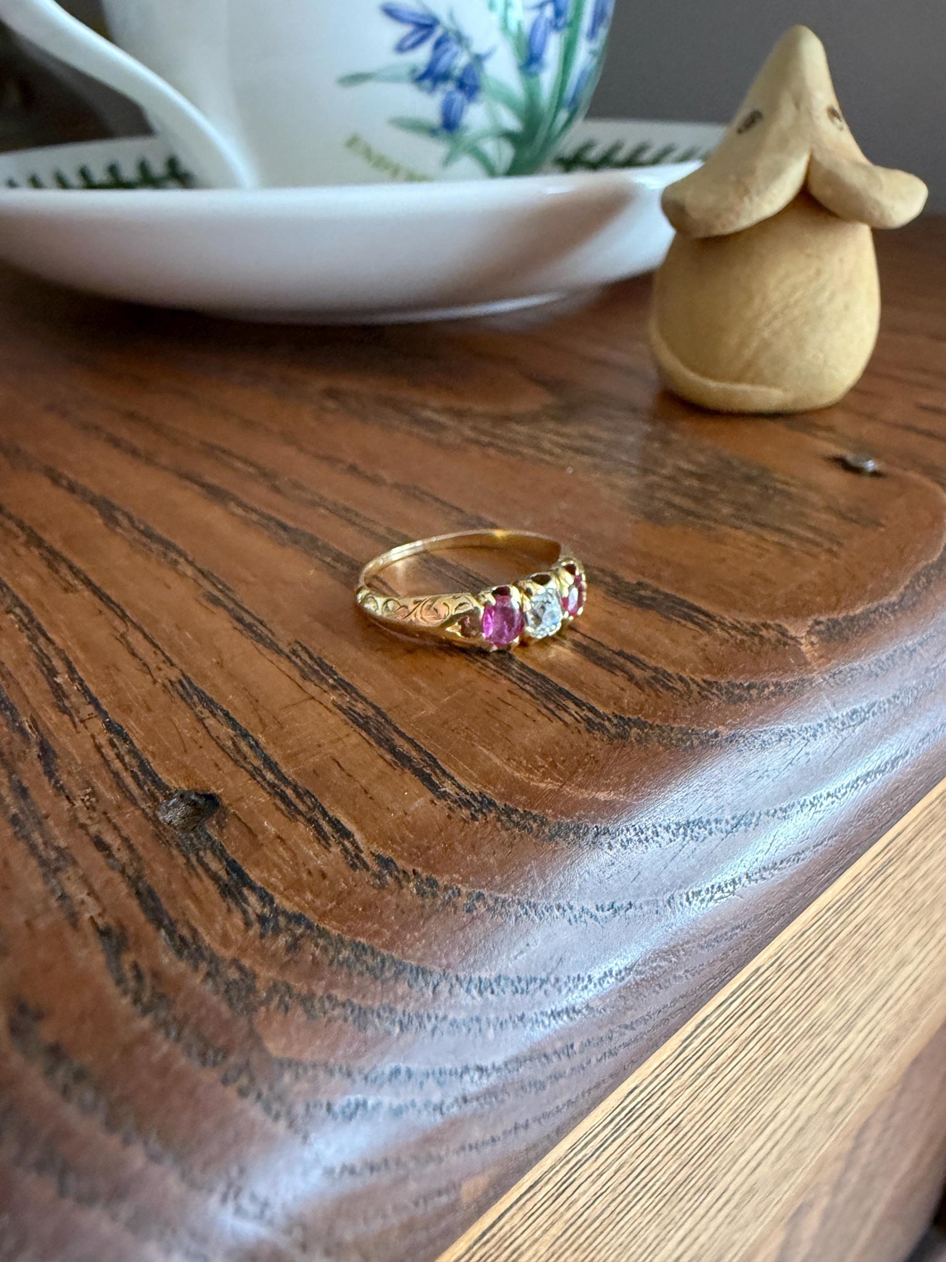 Antique Elongated Old Mine Cut DIAMOND Ruby Pink 18k Gold Three Stone Ring Stacker Band Victorian Pinky Midi Engraved Knife Edge Shoulders