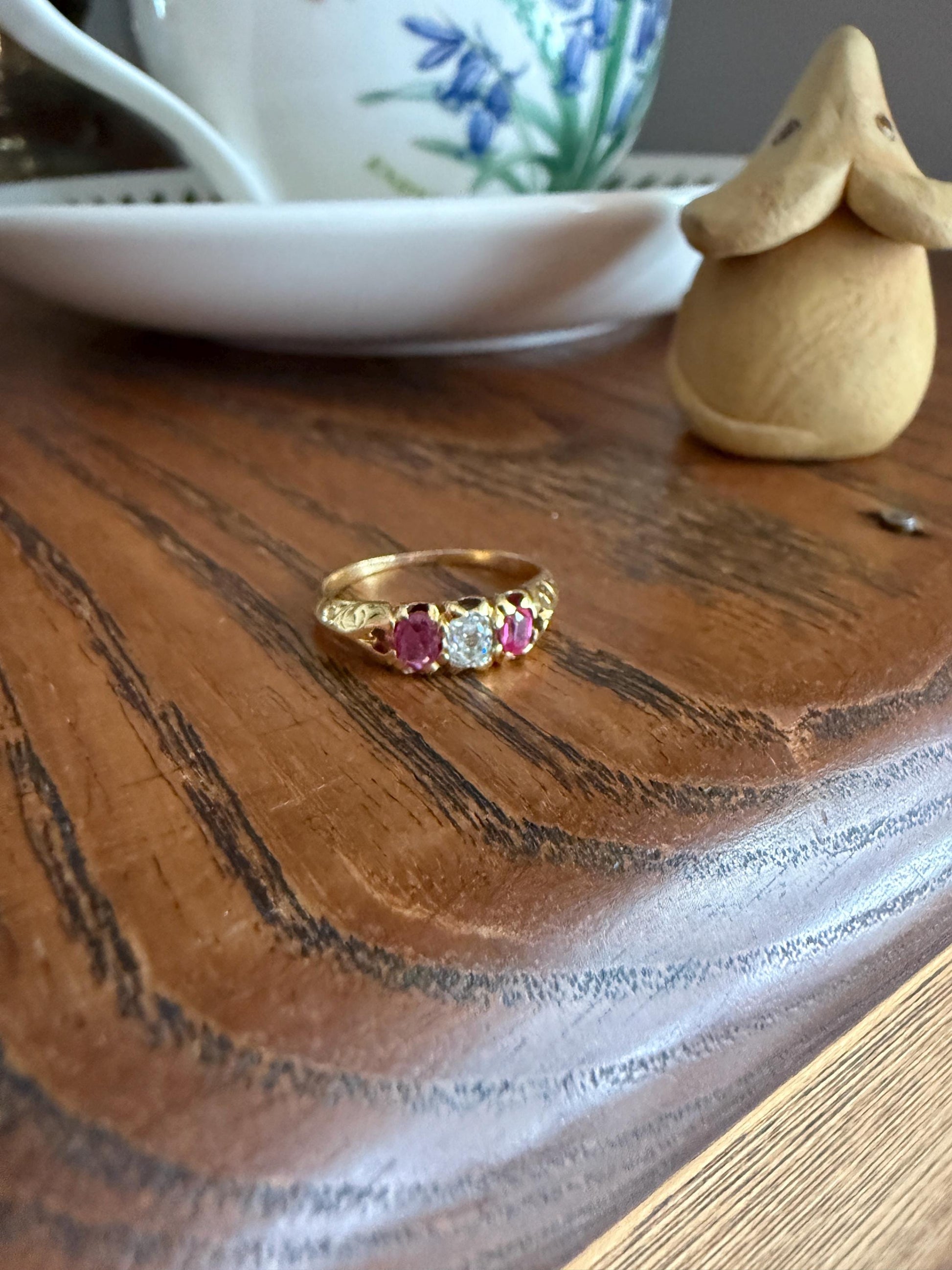 Antique Elongated Old Mine Cut DIAMOND Ruby Pink 18k Gold Three Stone Ring Stacker Band Victorian Pinky Midi Engraved Knife Edge Shoulders