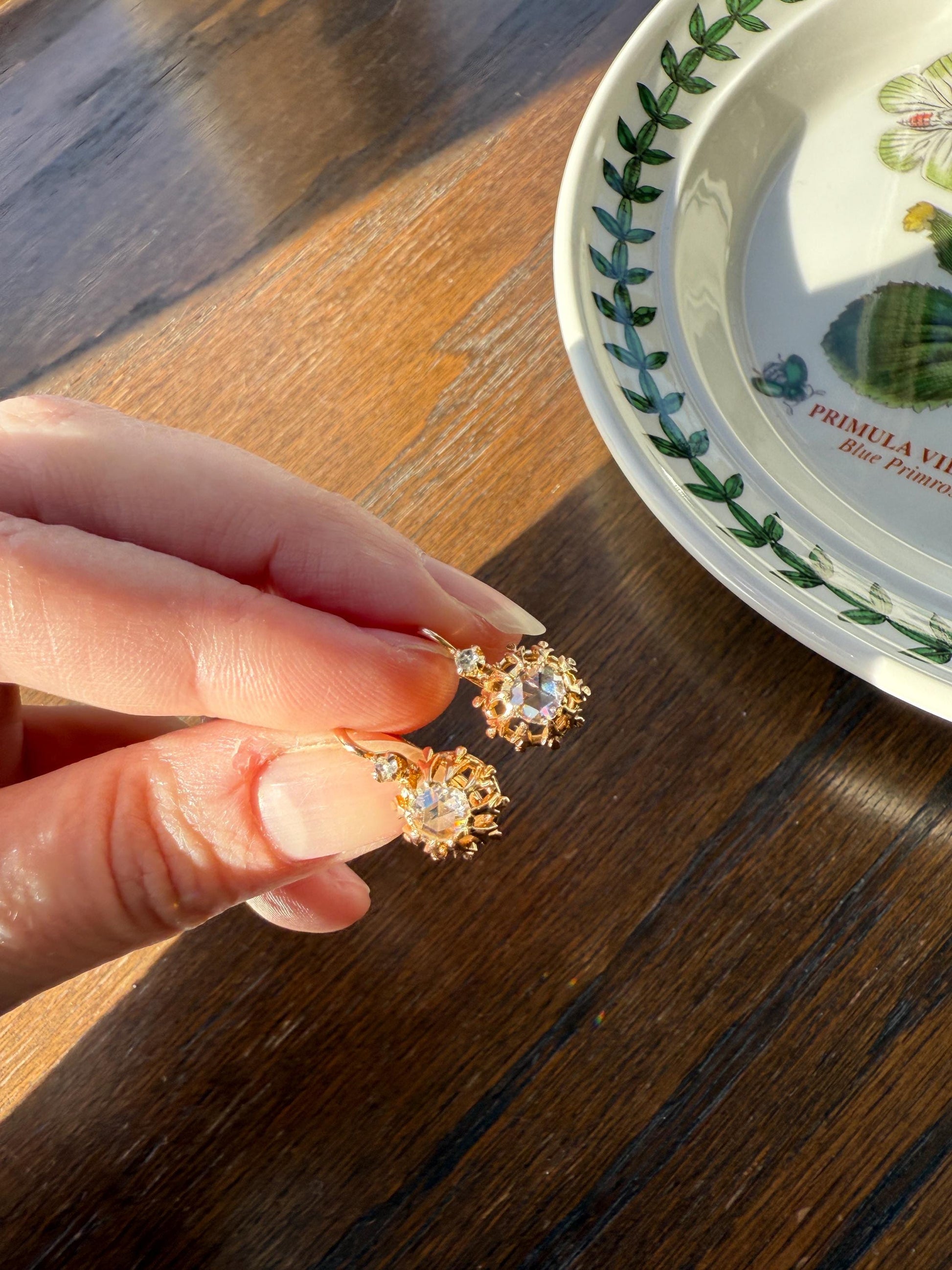 FRENCH Antique Eye Clean 1 Carat Tdw Face Up Open Back Rose Cut DIAMOND Linear Arrow Buttercup Earrings 18k Gold Victorian Dangle Dormeuse