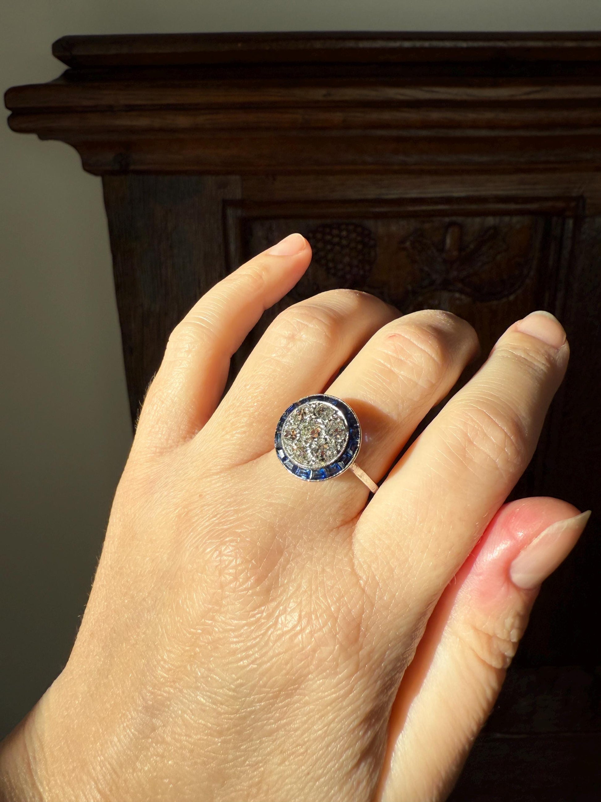 Antique One CARAT Old Mine Cut DiAMOND Cluster Sapphire HALO Ring Carre Square Cut Tall Domed Bauble Stacker French Platinum 18k White Gold