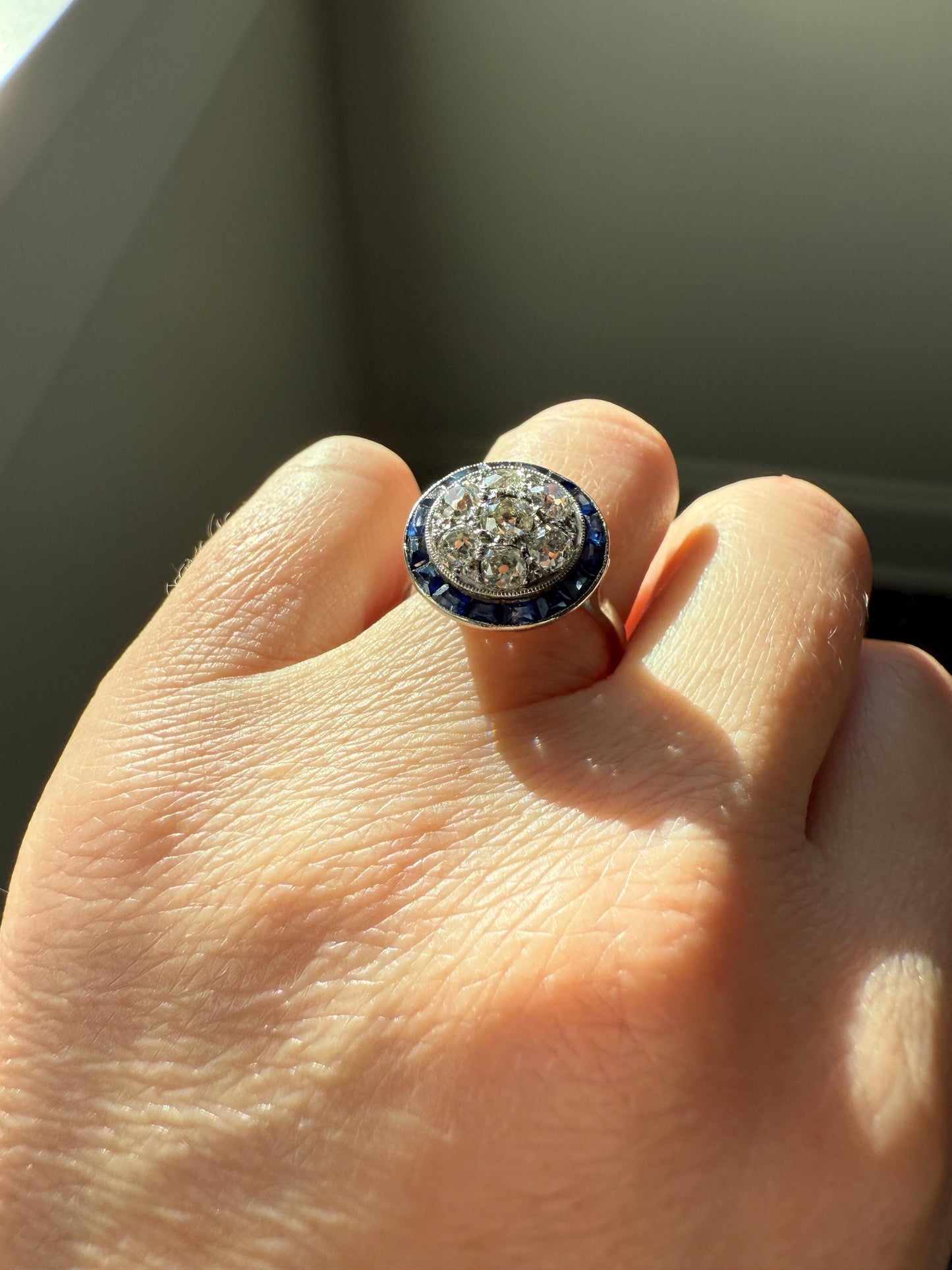 Antique One CARAT Old Mine Cut DiAMOND Cluster Sapphire HALO Ring Carre Square Cut Tall Domed Bauble Stacker French Platinum 18k White Gold