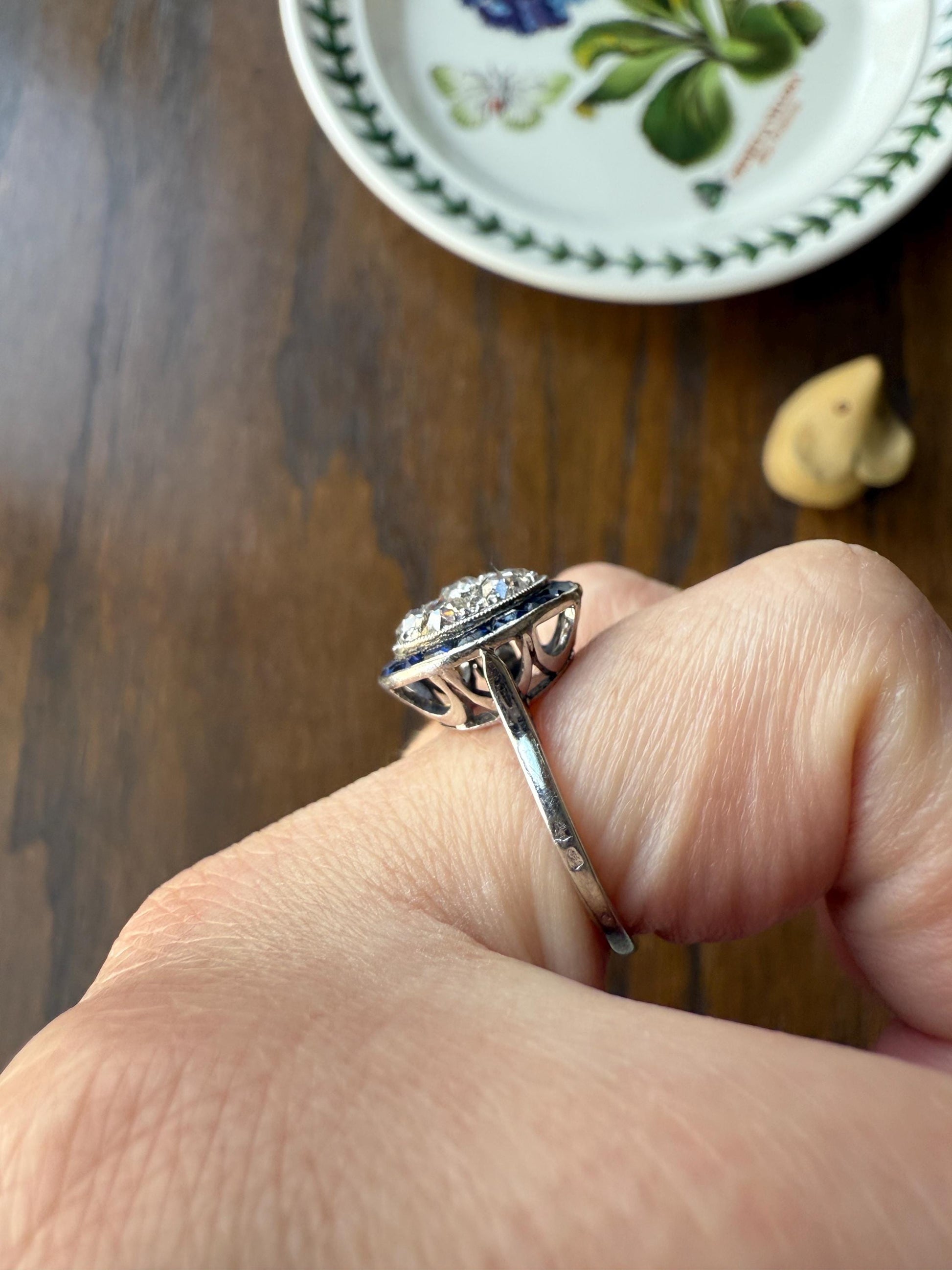 Antique One CARAT Old Mine Cut DiAMOND Cluster Sapphire HALO Ring Carre Square Cut Tall Domed Bauble Stacker French Platinum 18k White Gold