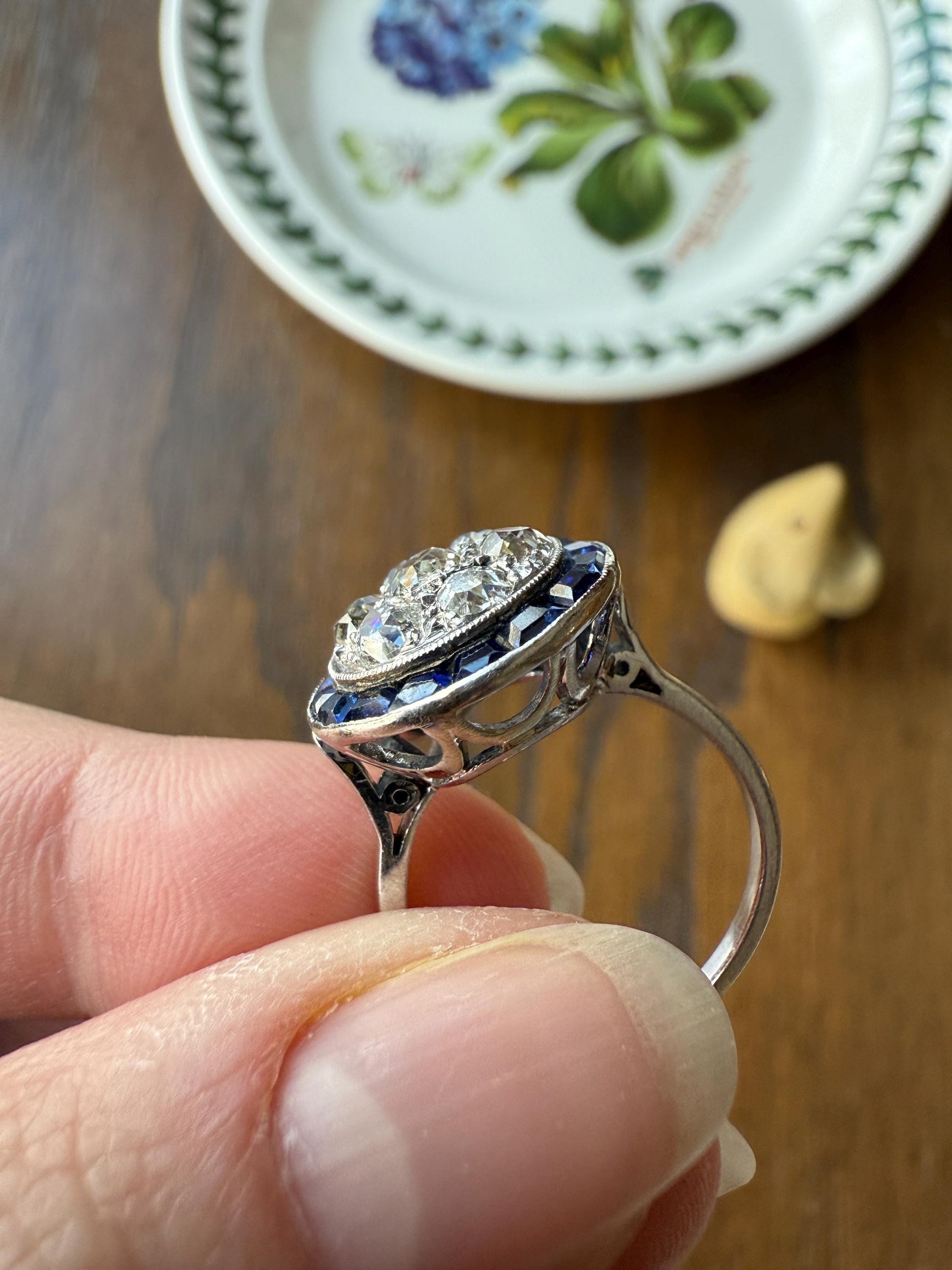 Antique One CARAT Old Mine Cut DiAMOND Cluster Sapphire HALO Ring Carre Square Cut Tall Domed Bauble Stacker French Platinum 18k White Gold