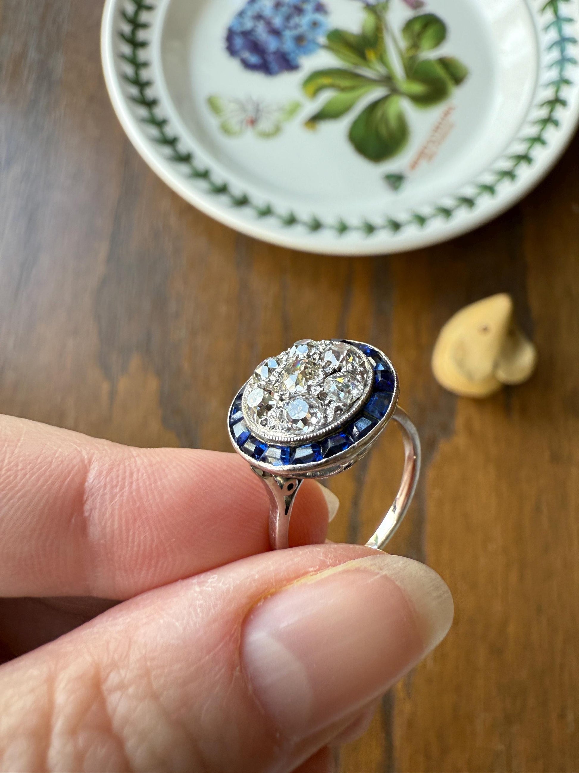 Antique One CARAT Old Mine Cut DiAMOND Cluster Sapphire HALO Ring Carre Square Cut Tall Domed Bauble Stacker French Platinum 18k White Gold