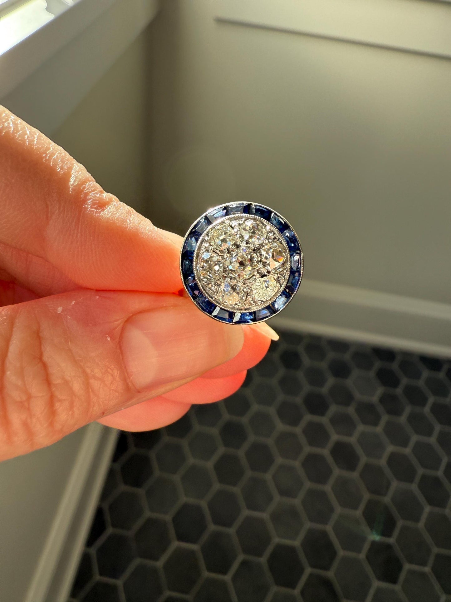 Antique One CARAT Old Mine Cut DiAMOND Cluster Sapphire HALO Ring Carre Square Cut Tall Domed Bauble Stacker French Platinum 18k White Gold