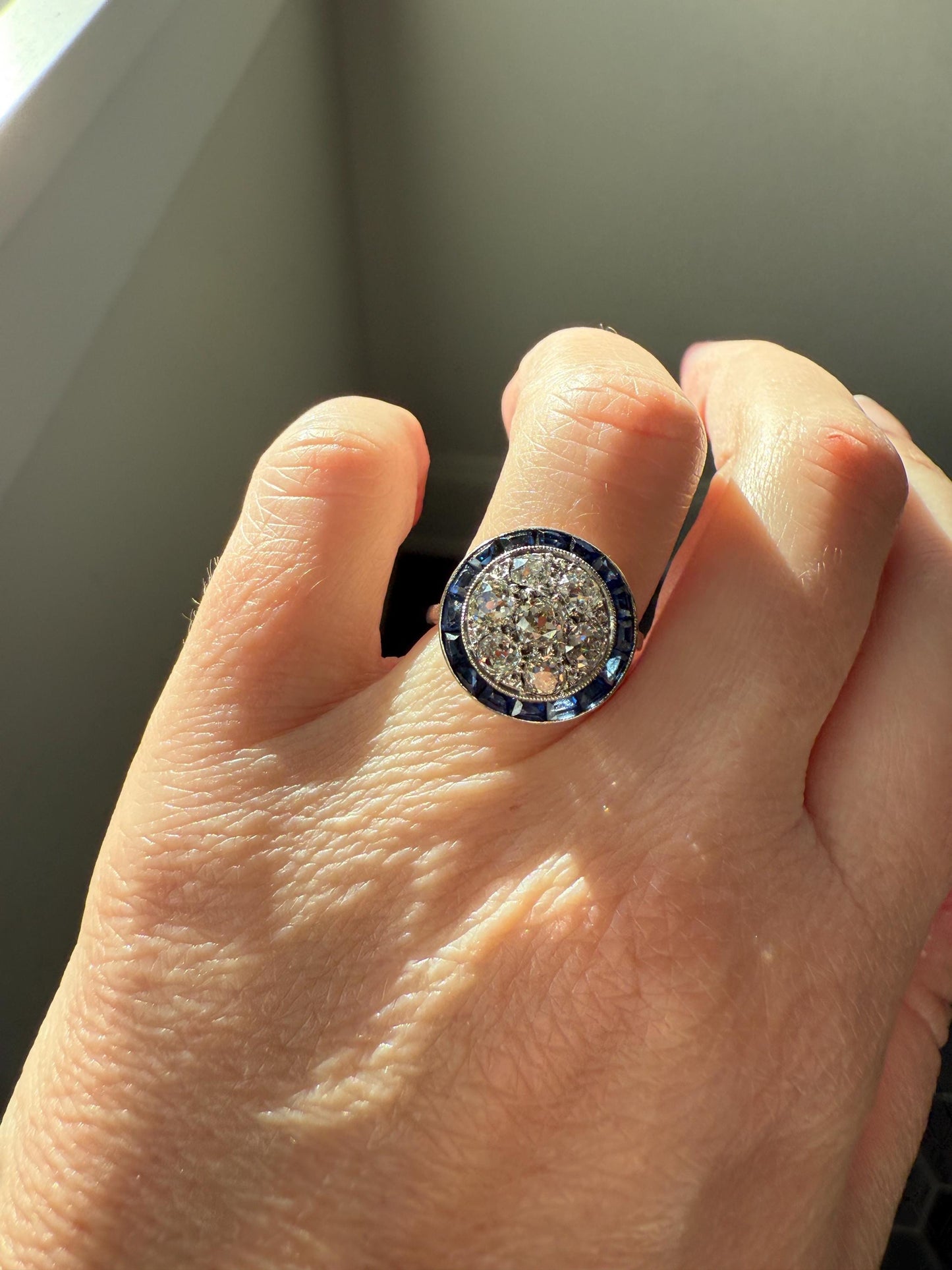 Antique One CARAT Old Mine Cut DiAMOND Cluster Sapphire HALO Ring Carre Square Cut Tall Domed Bauble Stacker French Platinum 18k White Gold