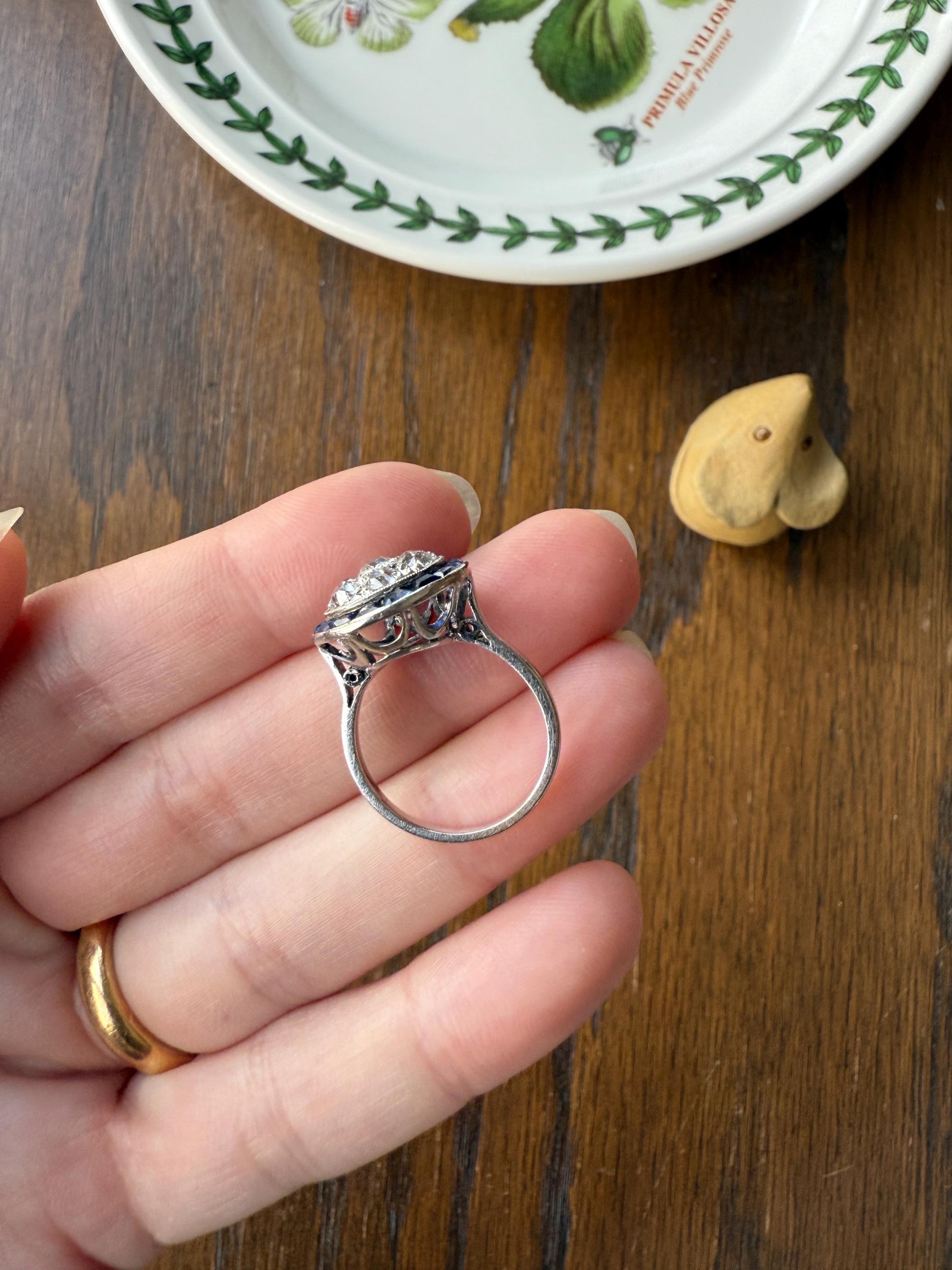 Antique One CARAT Old Mine Cut DiAMOND Cluster Sapphire HALO Ring Carre Square Cut Tall Domed Bauble Stacker French Platinum 18k White Gold