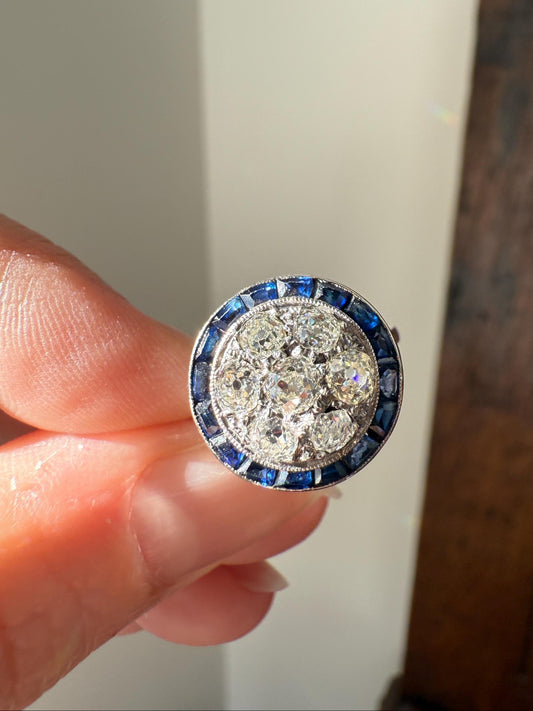 Antique One CARAT Old Mine Cut DiAMOND Cluster Sapphire HALO Ring Carre Square Cut Tall Domed Bauble Stacker French Platinum 18k White Gold