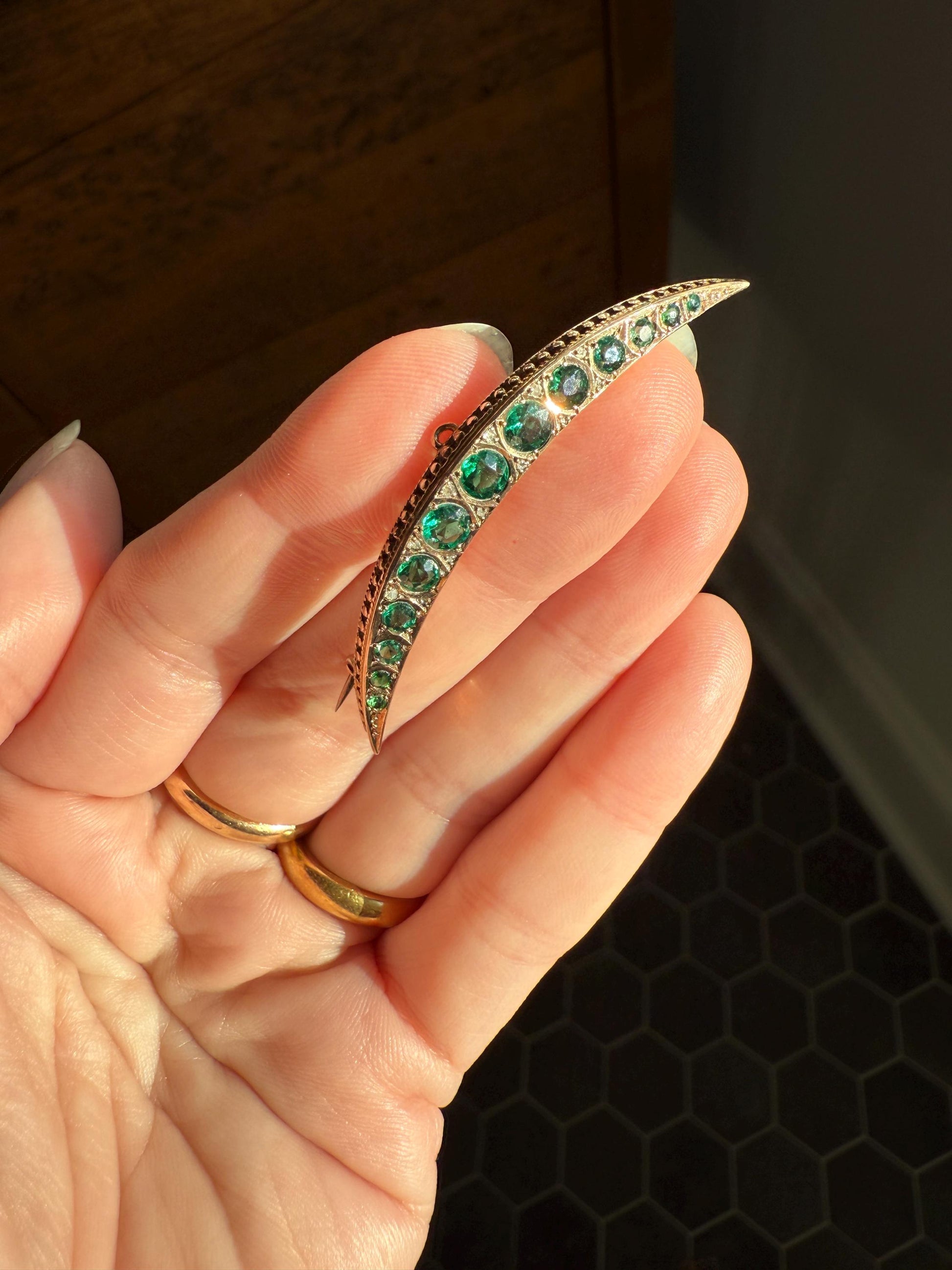 Large MOON Crescent Brooch 9k Gold c1905 Green Paste Rose Cut DIAMOND Extender Connector Pendant Holder Figural Celestial Pin