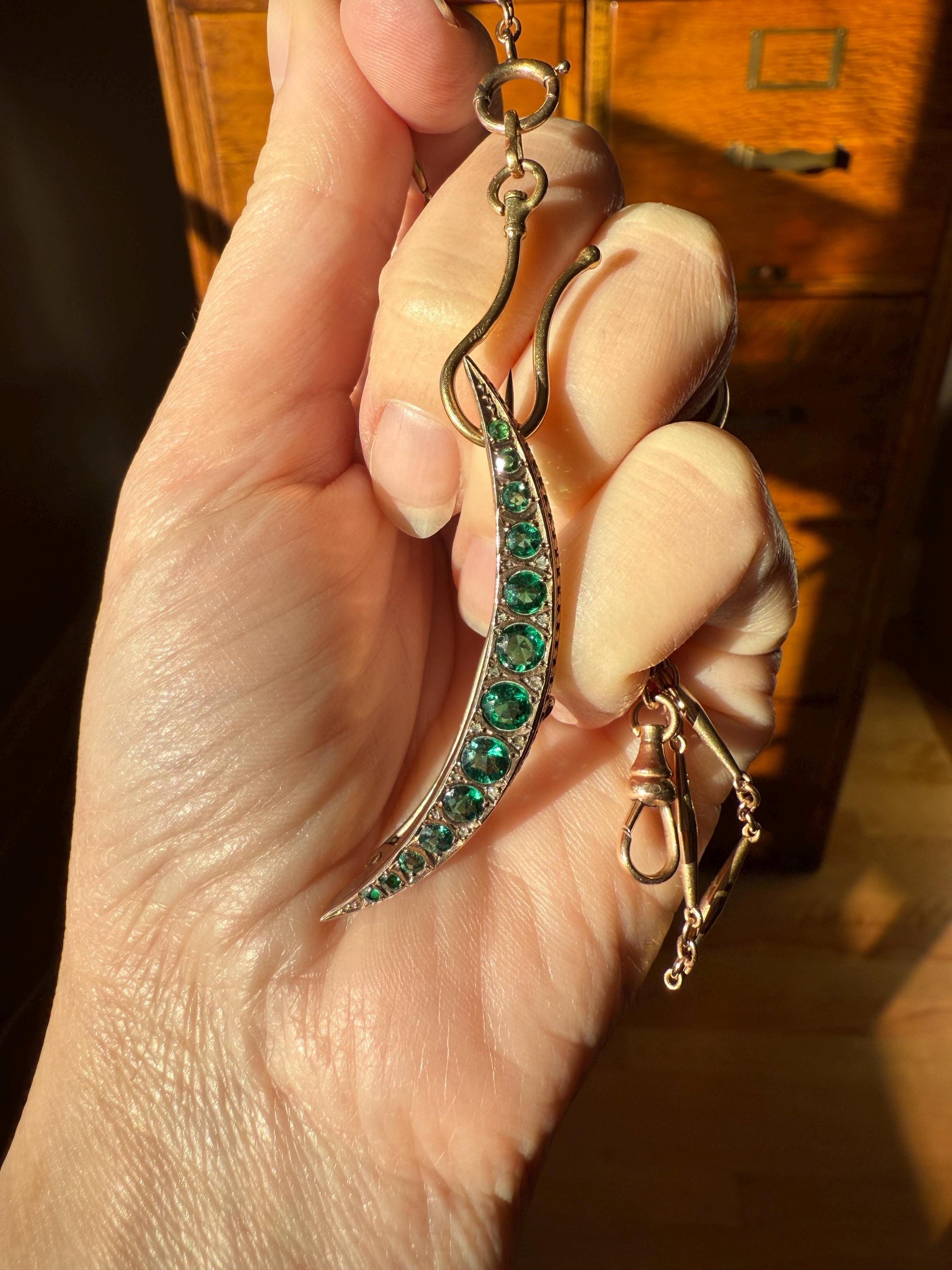 Large MOON Crescent Brooch 9k Gold c1905 Green Paste Rose Cut DIAMOND Extender Connector Pendant Holder Figural Celestial Pin