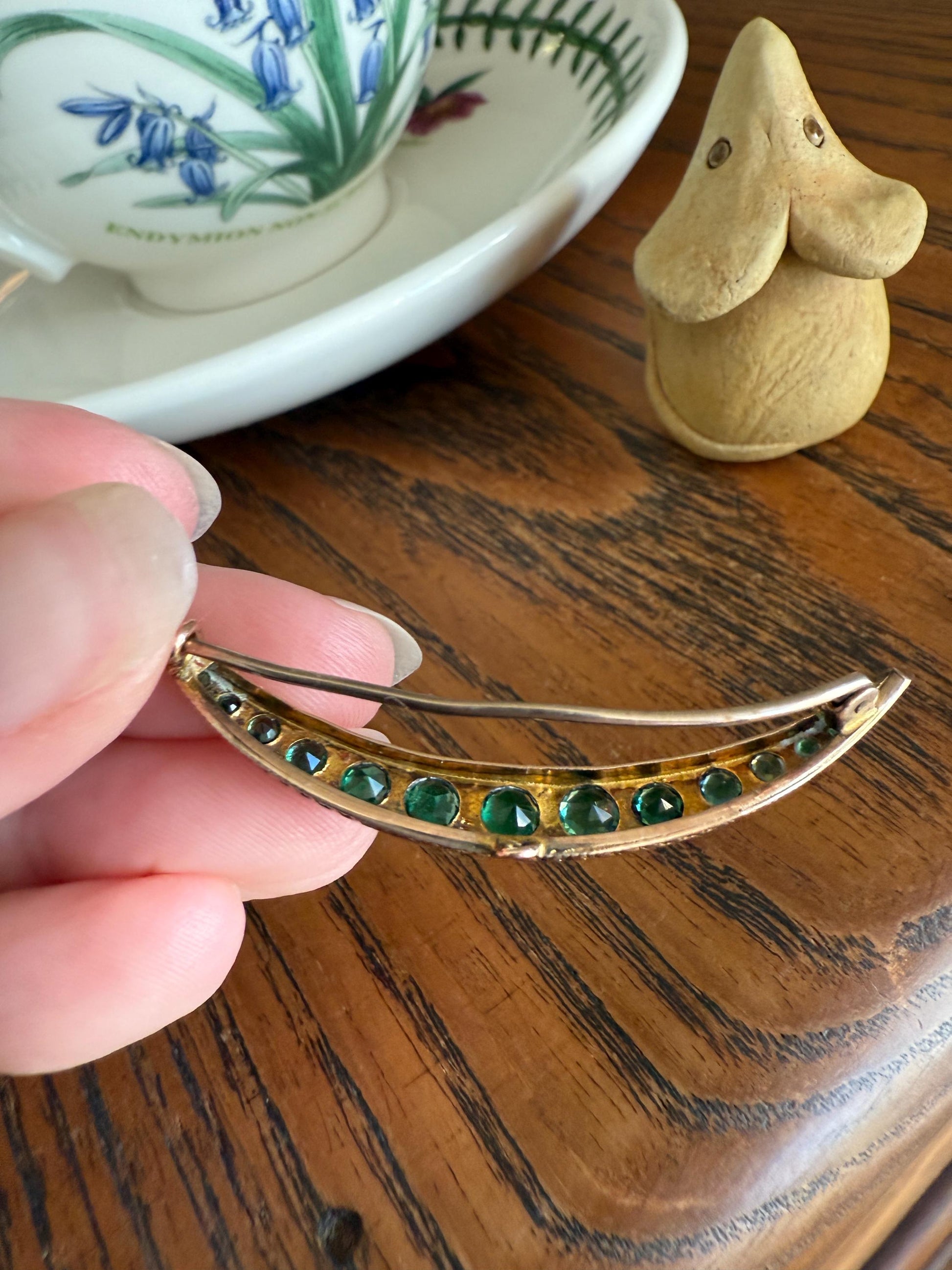 Large MOON Crescent Brooch 9k Gold c1905 Green Paste Rose Cut DIAMOND Extender Connector Pendant Holder Figural Celestial Pin