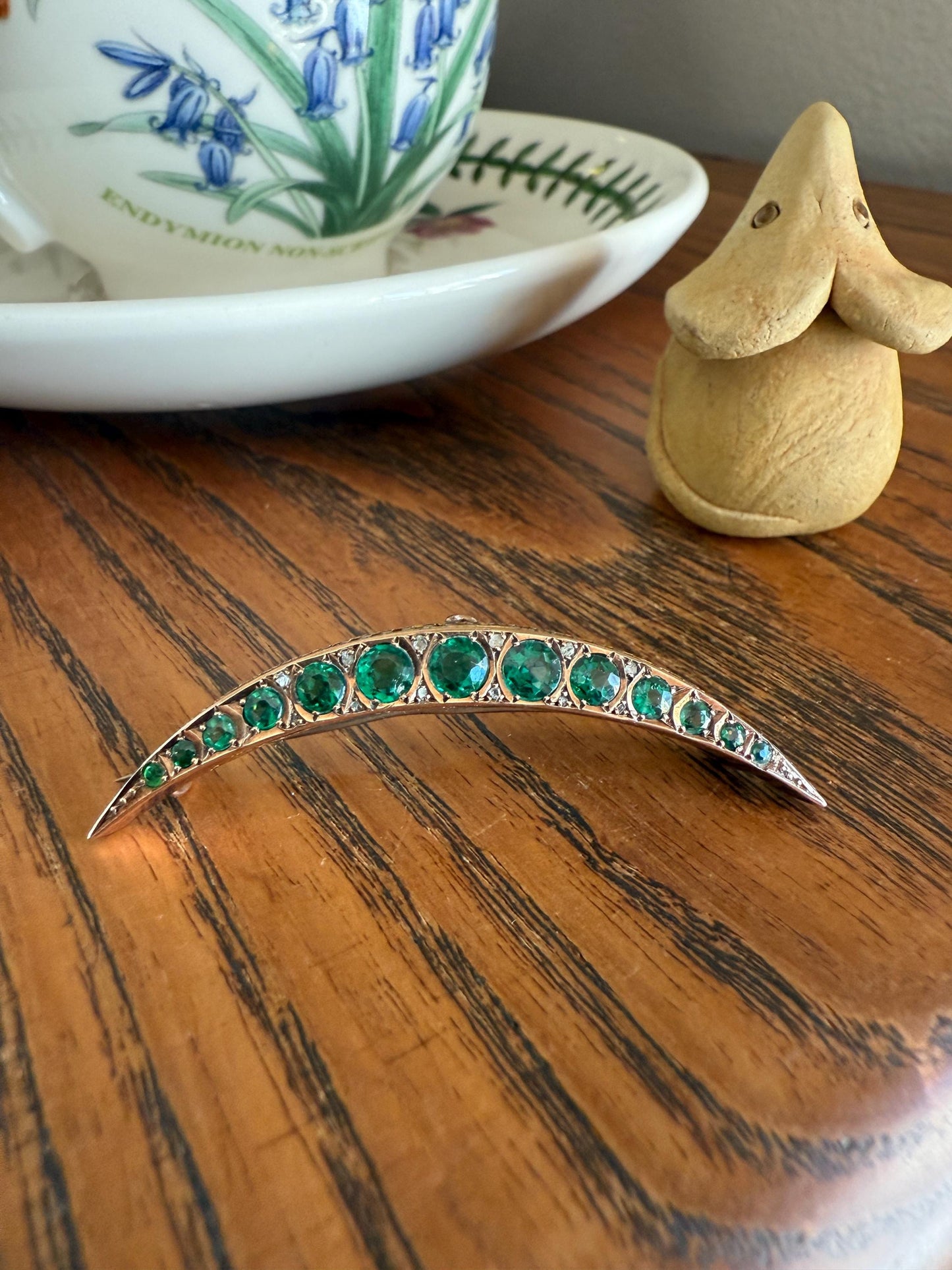 Large MOON Crescent Brooch 9k Gold c1905 Green Paste Rose Cut DIAMOND Extender Connector Pendant Holder Figural Celestial Pin