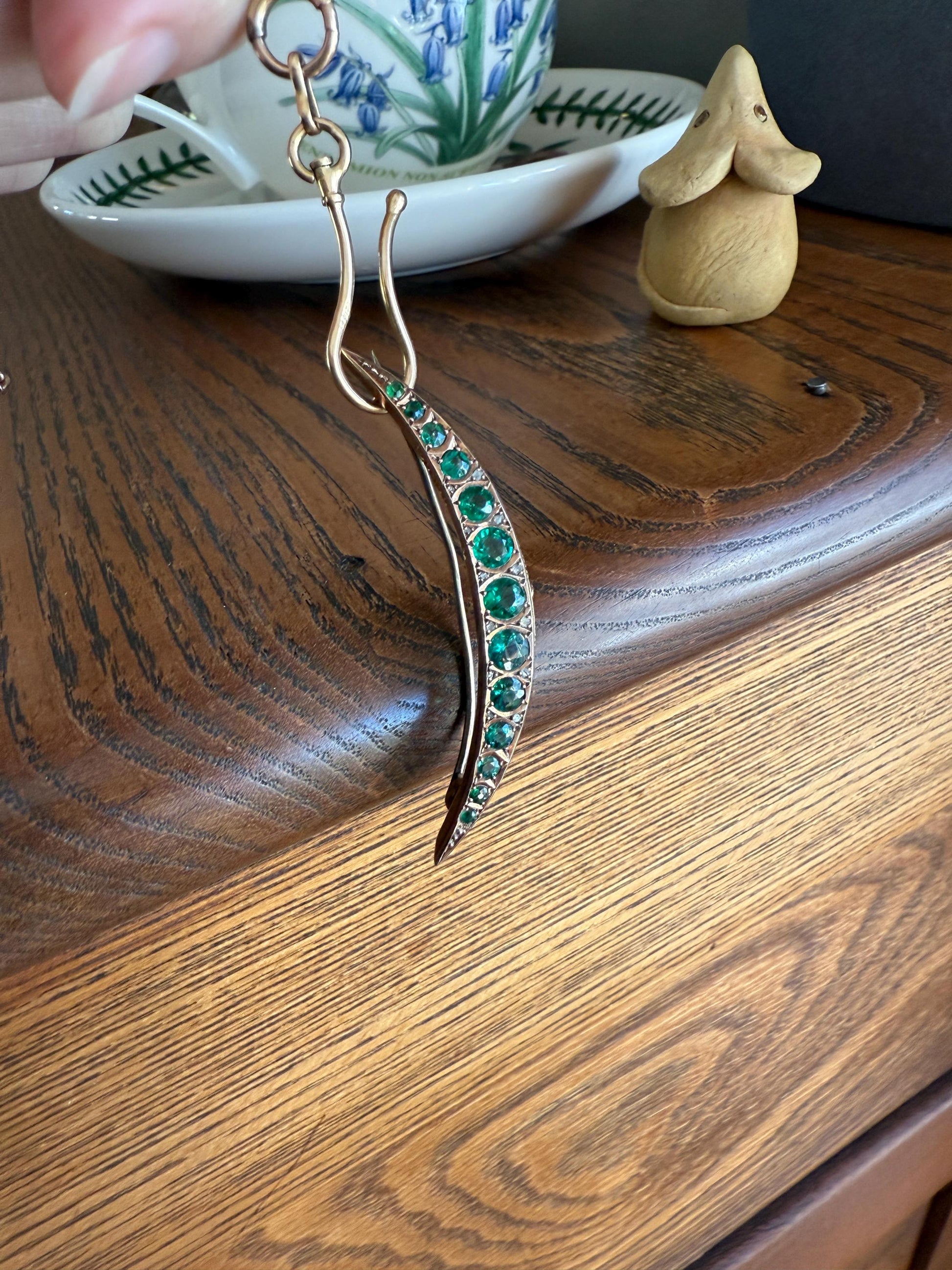 Large MOON Crescent Brooch 9k Gold c1905 Green Paste Rose Cut DIAMOND Extender Connector Pendant Holder Figural Celestial Pin