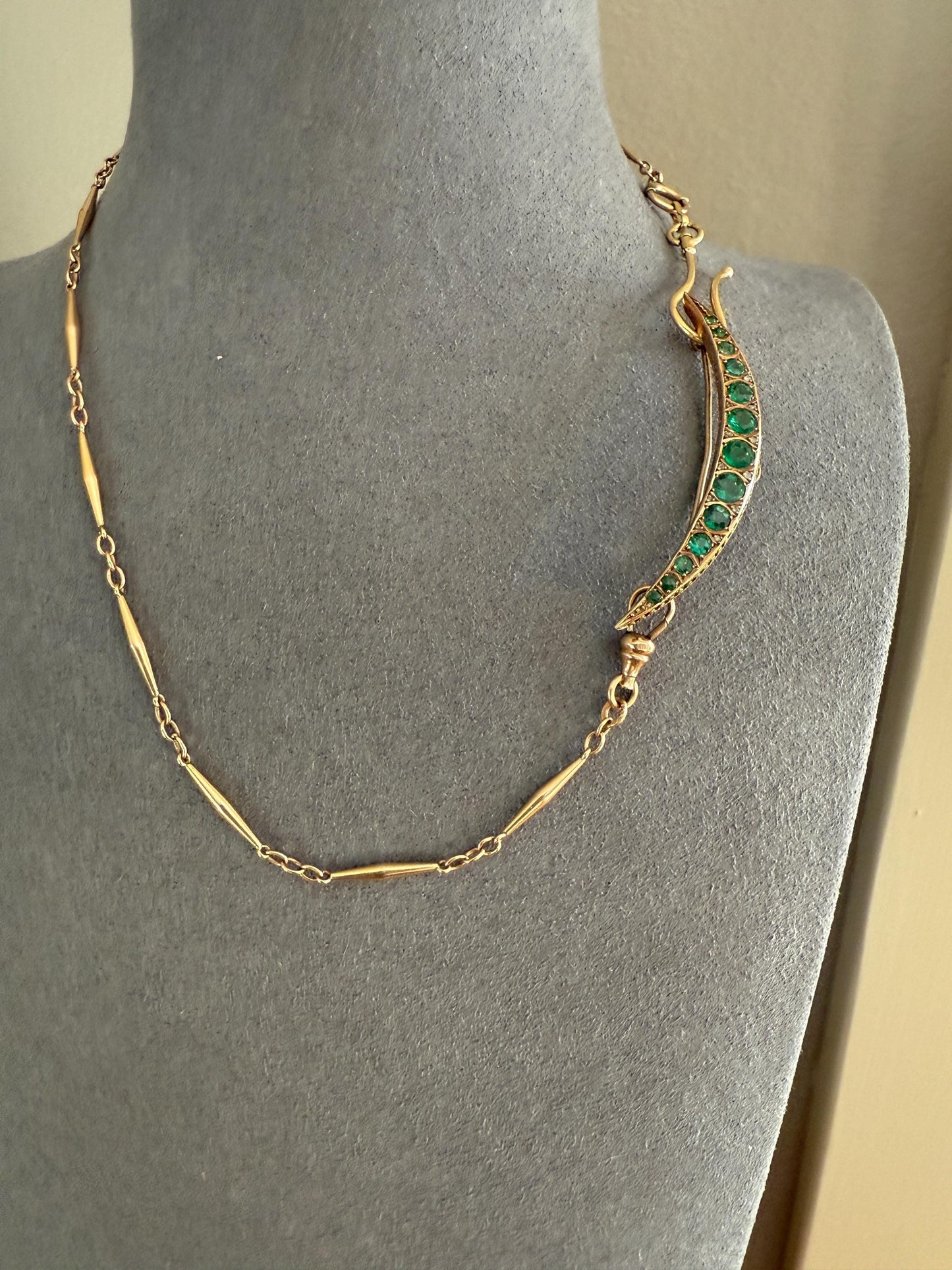 Large MOON Crescent Brooch 9k Gold c1905 Green Paste Rose Cut DIAMOND Extender Connector Pendant Holder Figural Celestial Pin