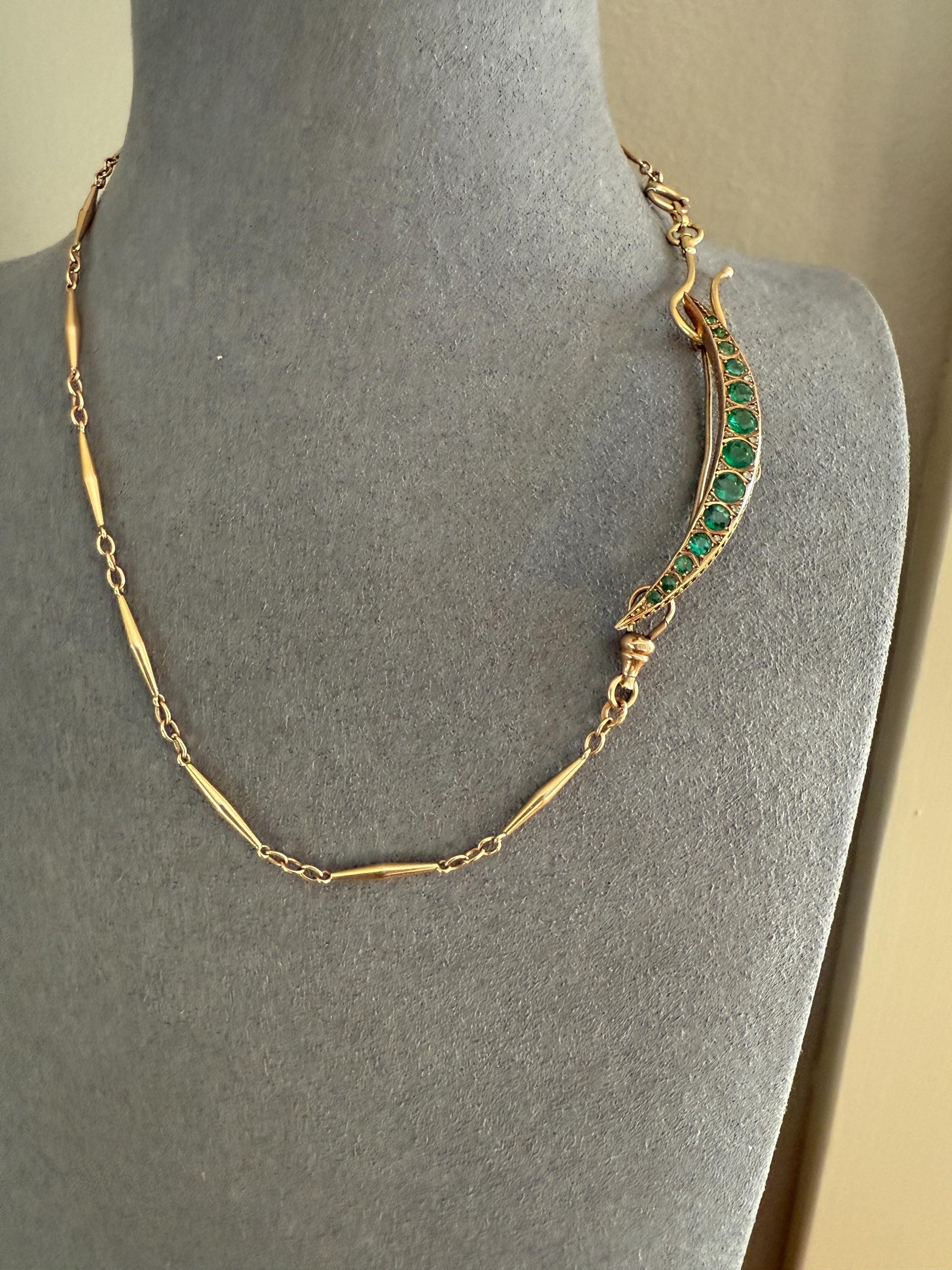 Large MOON Crescent Brooch 9k Gold c1905 Green Paste Rose Cut DIAMOND Extender Connector Pendant Holder Figural Celestial Pin