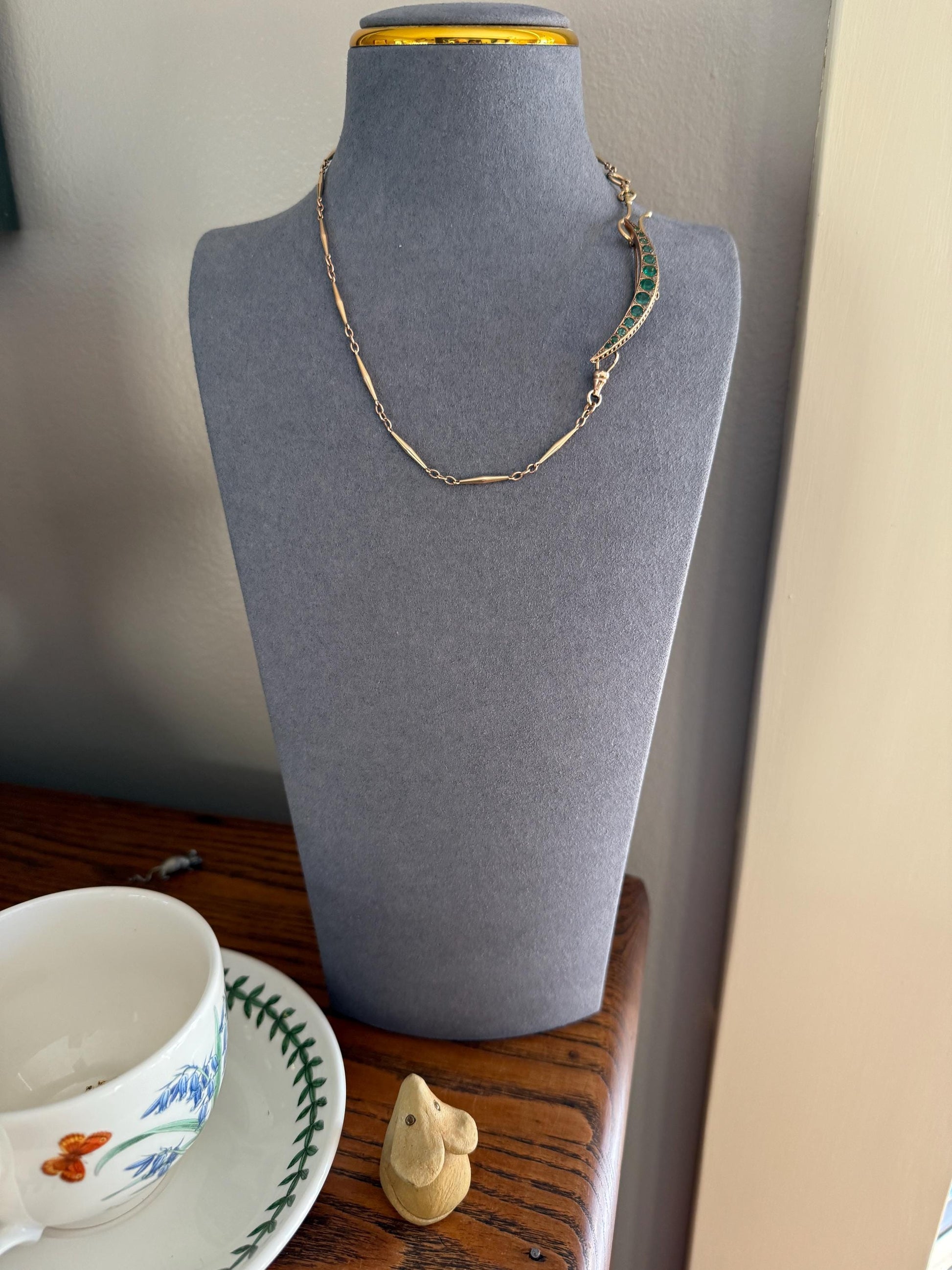 Large MOON Crescent Brooch 9k Gold c1905 Green Paste Rose Cut DIAMOND Extender Connector Pendant Holder Figural Celestial Pin