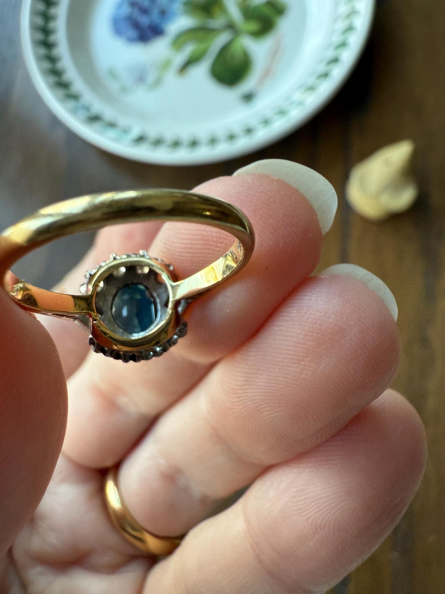SAPPHIRE Natural Blue Green Single & Square Step Cut DIAMOND Halo Ring 18k Gold Platinum Vintage to Antique Art Deco Teal Gift Stacker