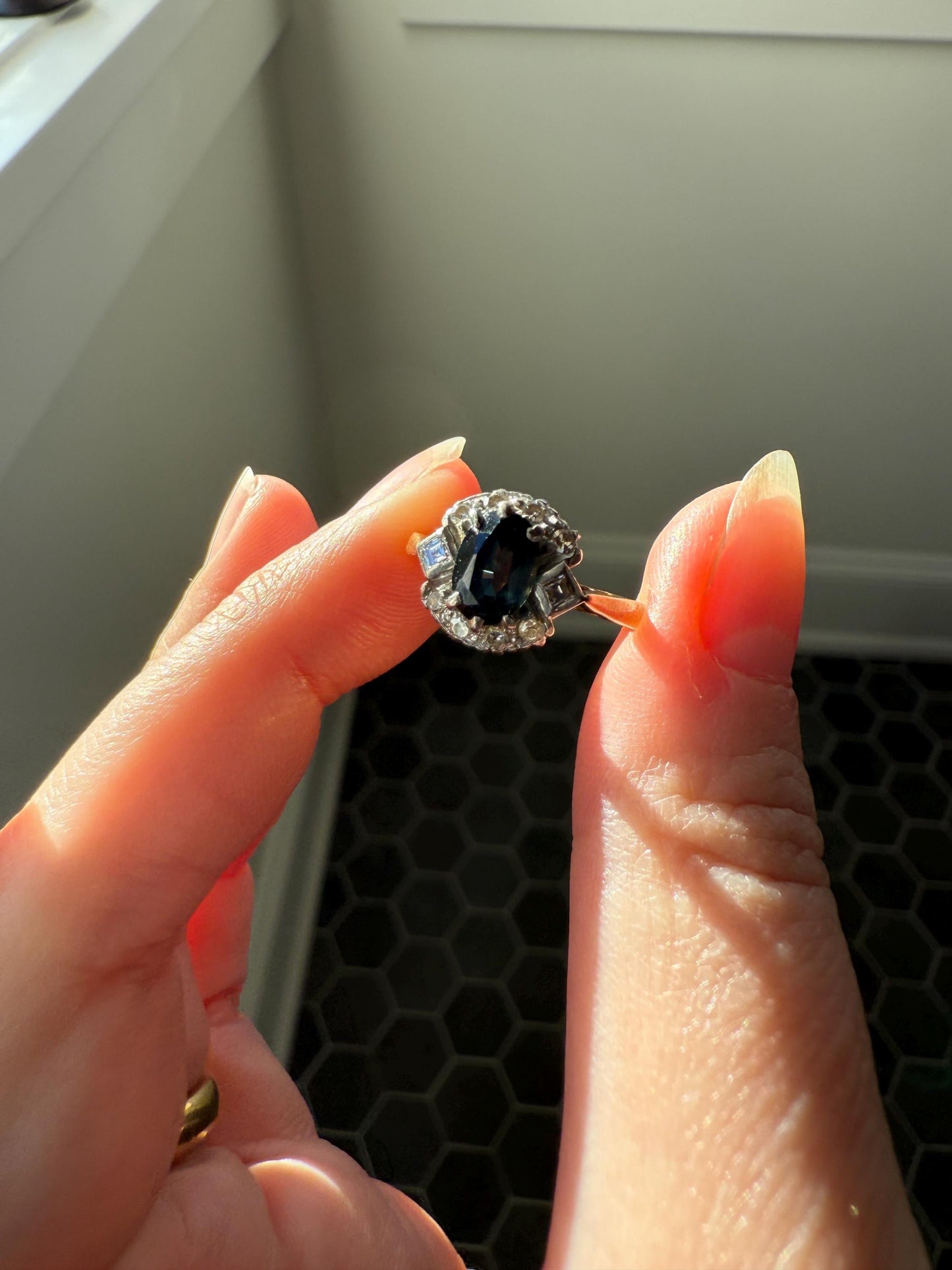 SAPPHIRE Natural Blue Green Single & Square Step Cut DIAMOND Halo Ring 18k Gold Platinum Vintage to Antique Art Deco Teal Gift Stacker