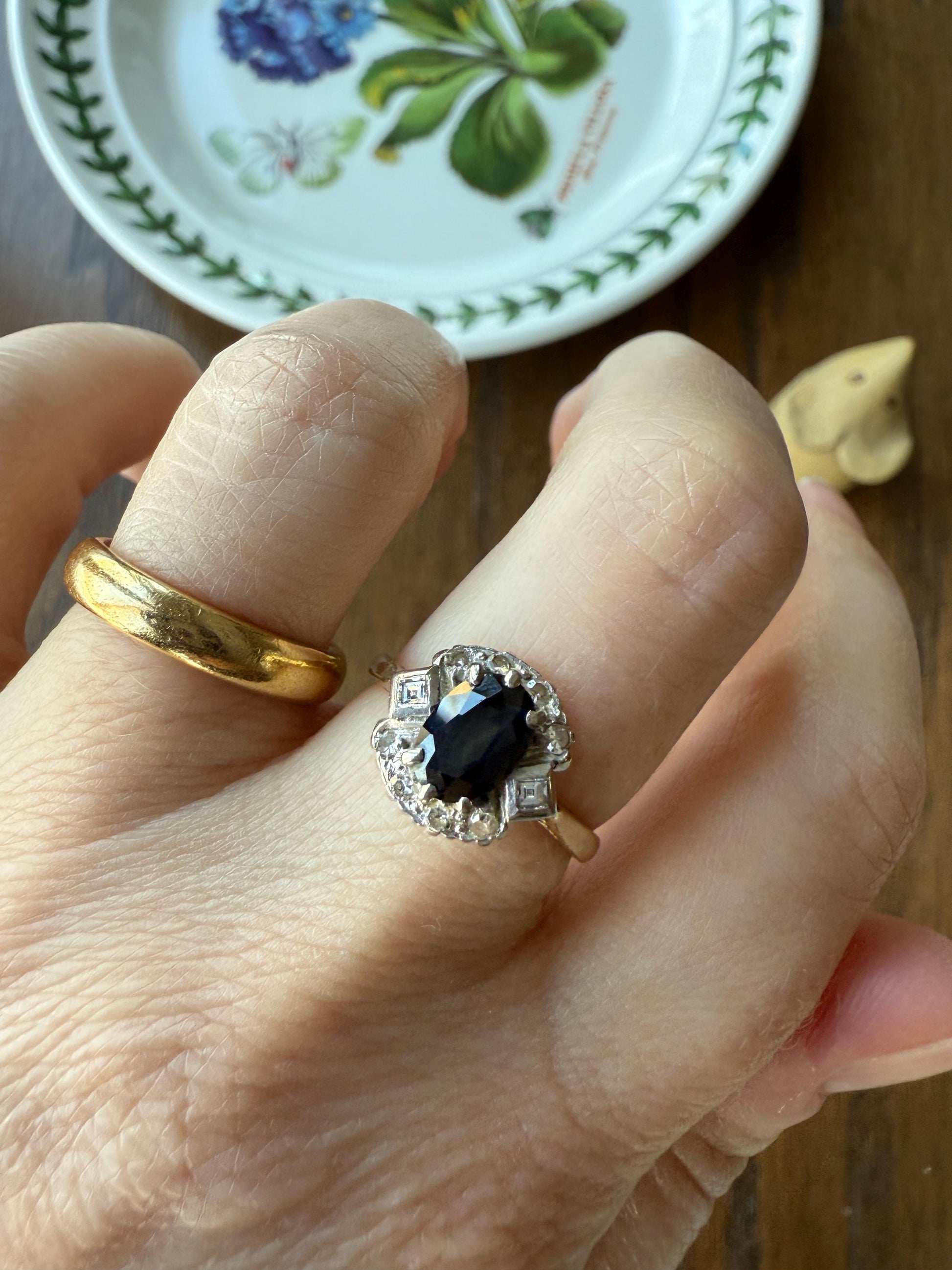 SAPPHIRE Natural Blue Green Single & Square Step Cut DIAMOND Halo Ring 18k Gold Platinum Vintage to Antique Art Deco Teal Gift Stacker