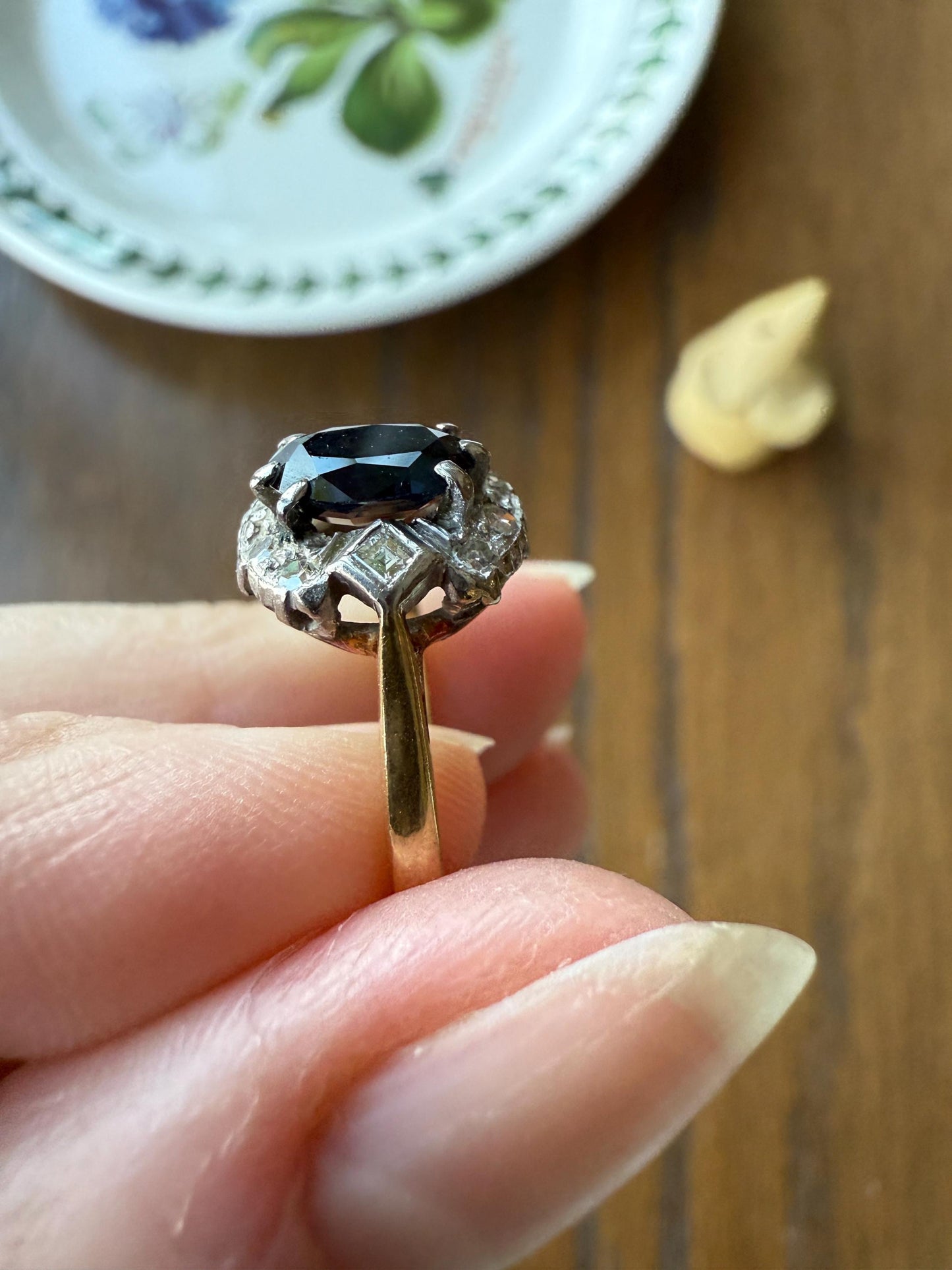 SAPPHIRE Natural Blue Green Single & Square Step Cut DIAMOND Halo Ring 18k Gold Platinum Vintage to Antique Art Deco Teal Gift Stacker