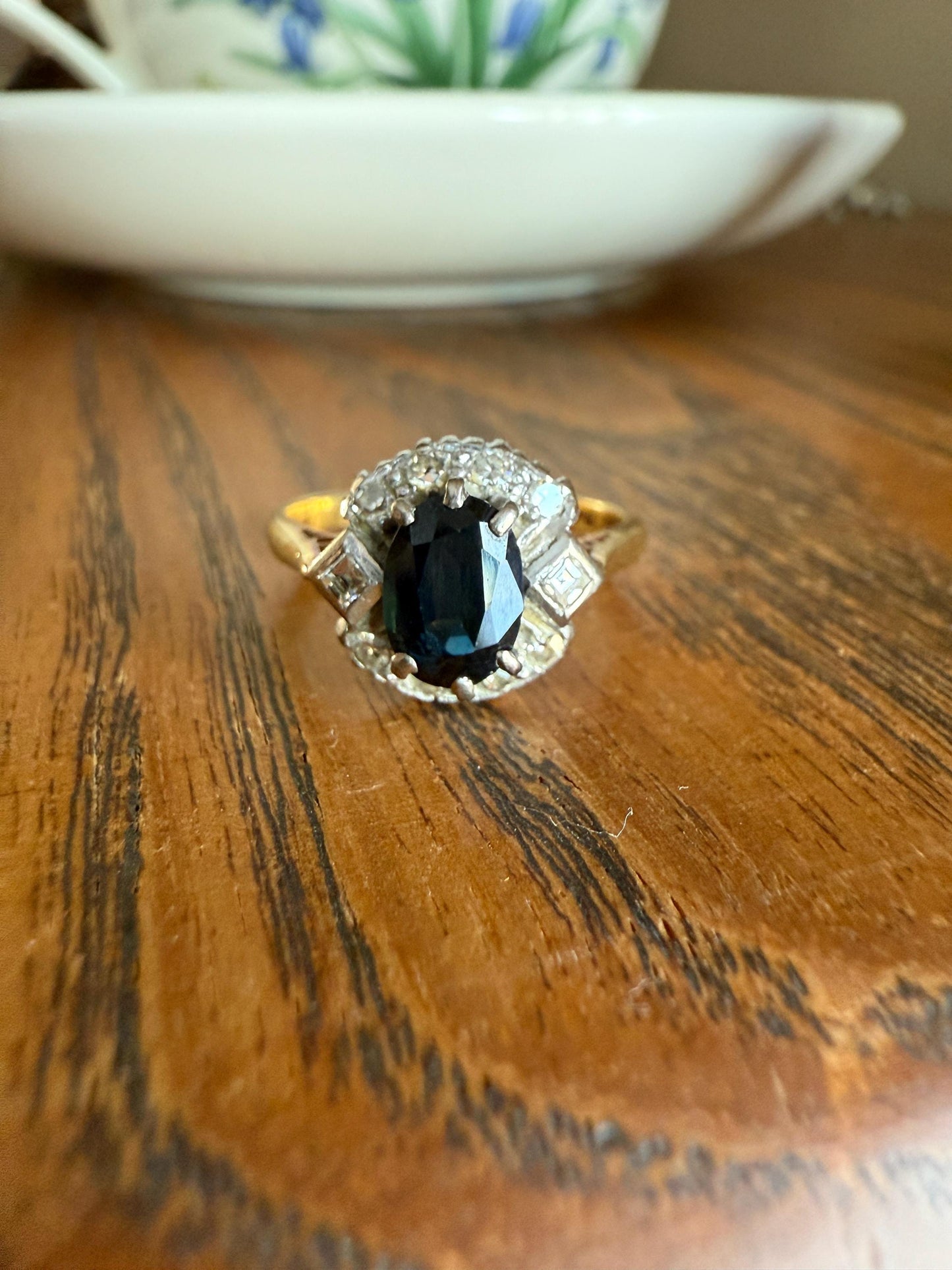 SAPPHIRE Natural Blue Green Single & Square Step Cut DIAMOND Halo Ring 18k Gold Platinum Vintage to Antique Art Deco Teal Gift Stacker