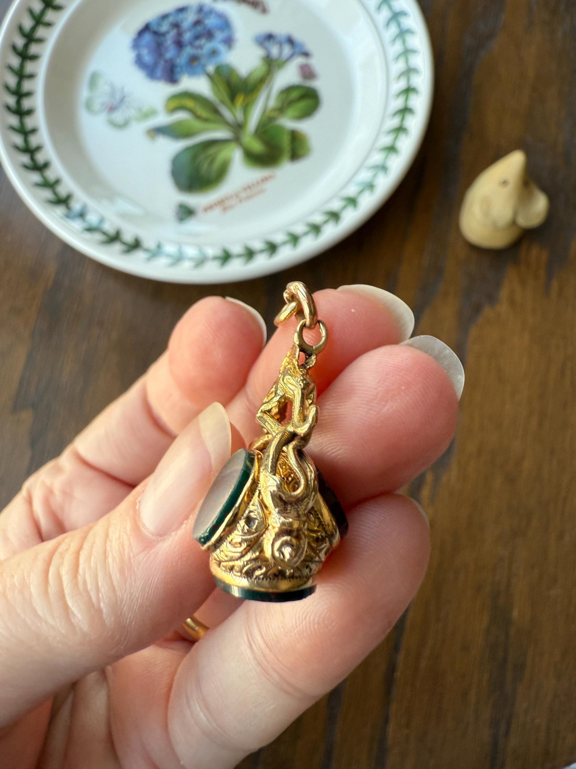 DRAGON 3D Spinner Fob Carnelian Bloodstone Antique 18k Gold Chimera Griffin Winged Lion FIGURAL Pendant Victorian French Belle Epoque