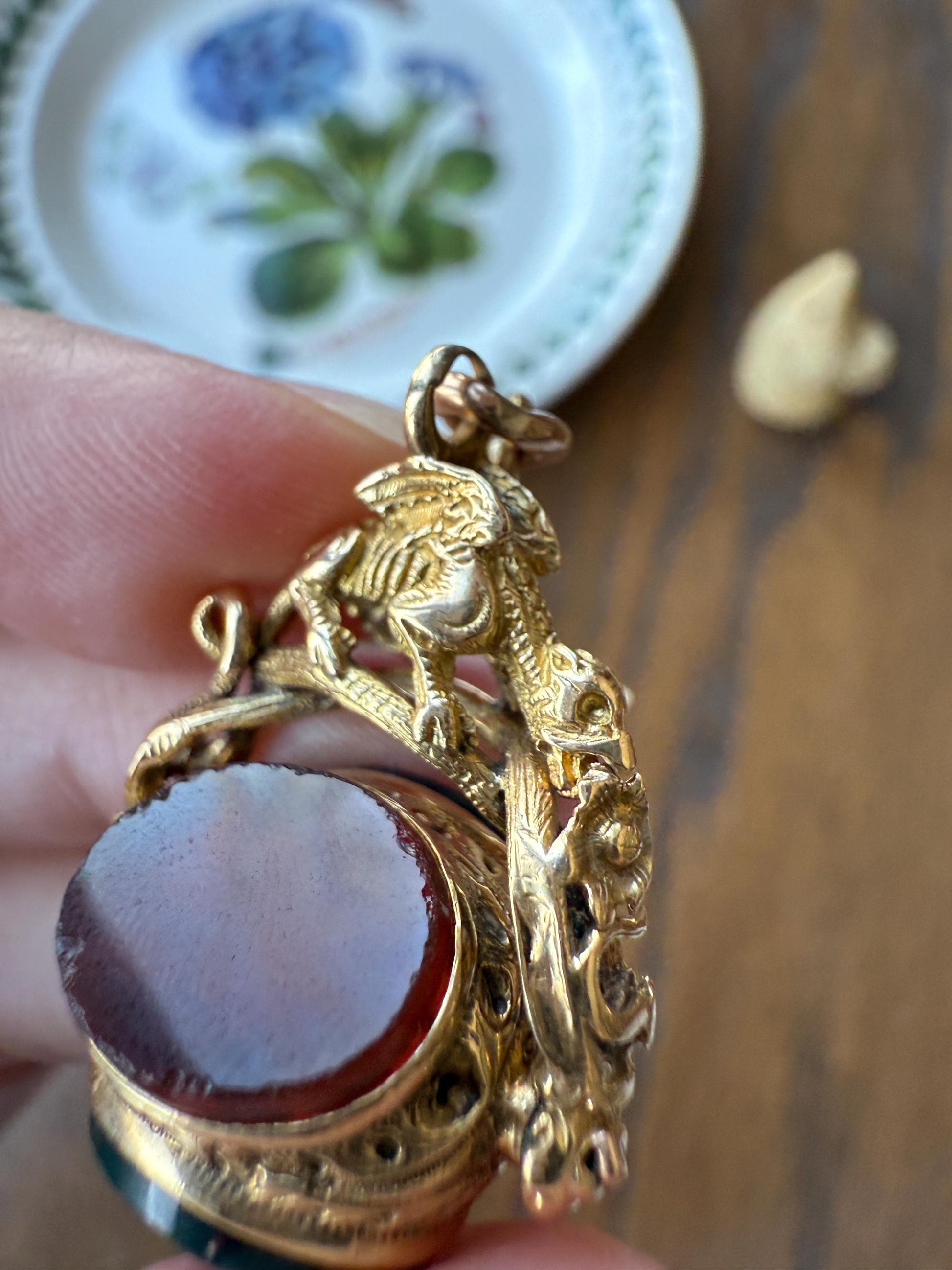 DRAGON 3D Spinner Fob Carnelian Bloodstone Antique 18k Gold Chimera Griffin Winged Lion FIGURAL Pendant Victorian French Belle Epoque