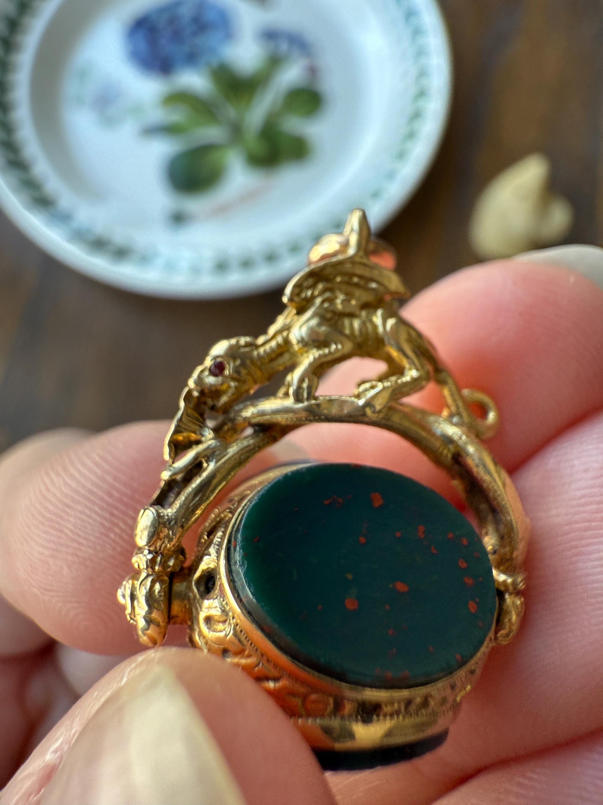 DRAGON 3D Spinner Fob Carnelian Bloodstone Antique 18k Gold Chimera Griffin Winged Lion FIGURAL Pendant Victorian French Belle Epoque