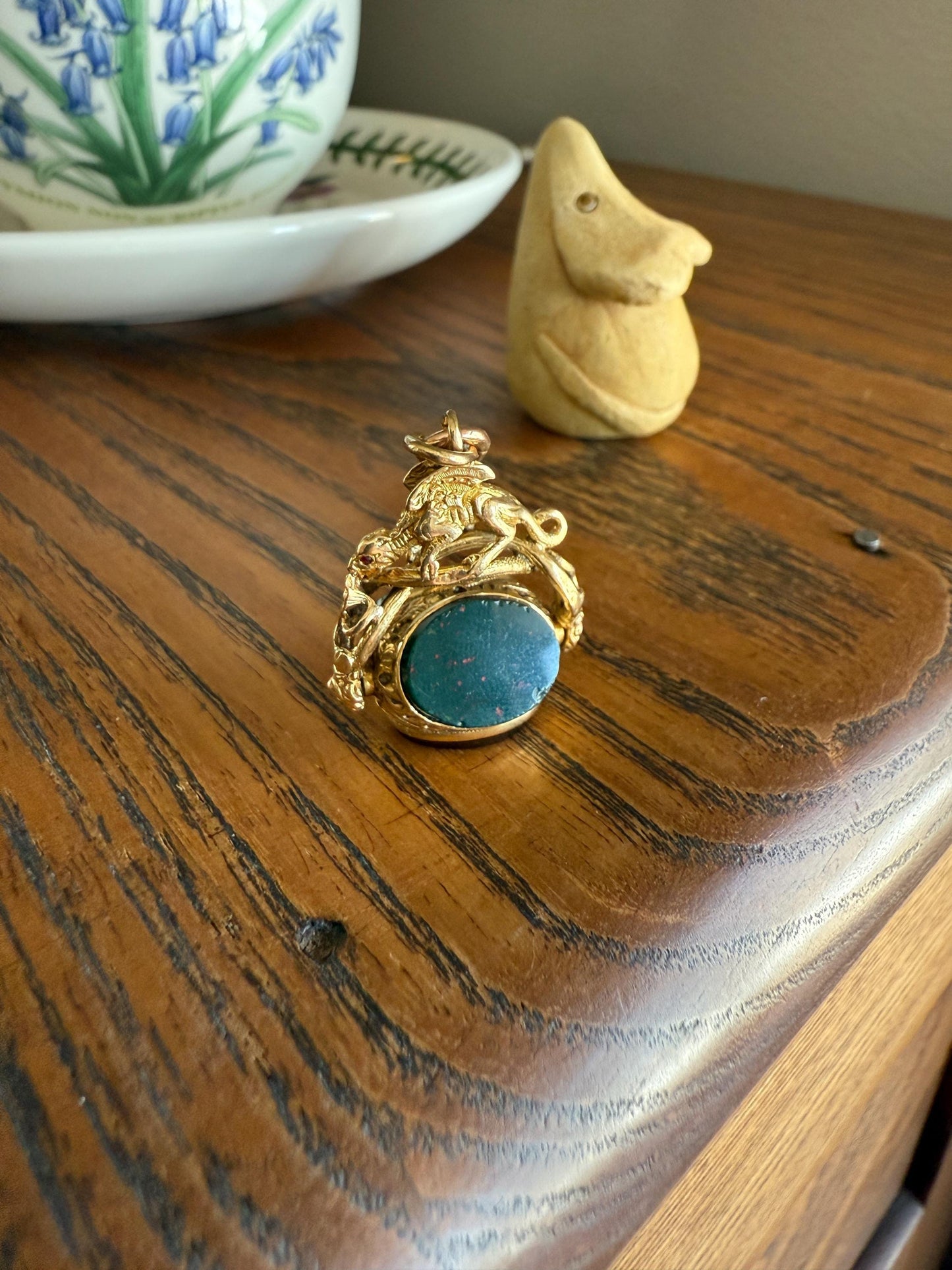 DRAGON 3D Spinner Fob Carnelian Bloodstone Antique 18k Gold Chimera Griffin Winged Lion FIGURAL Pendant Victorian French Belle Epoque