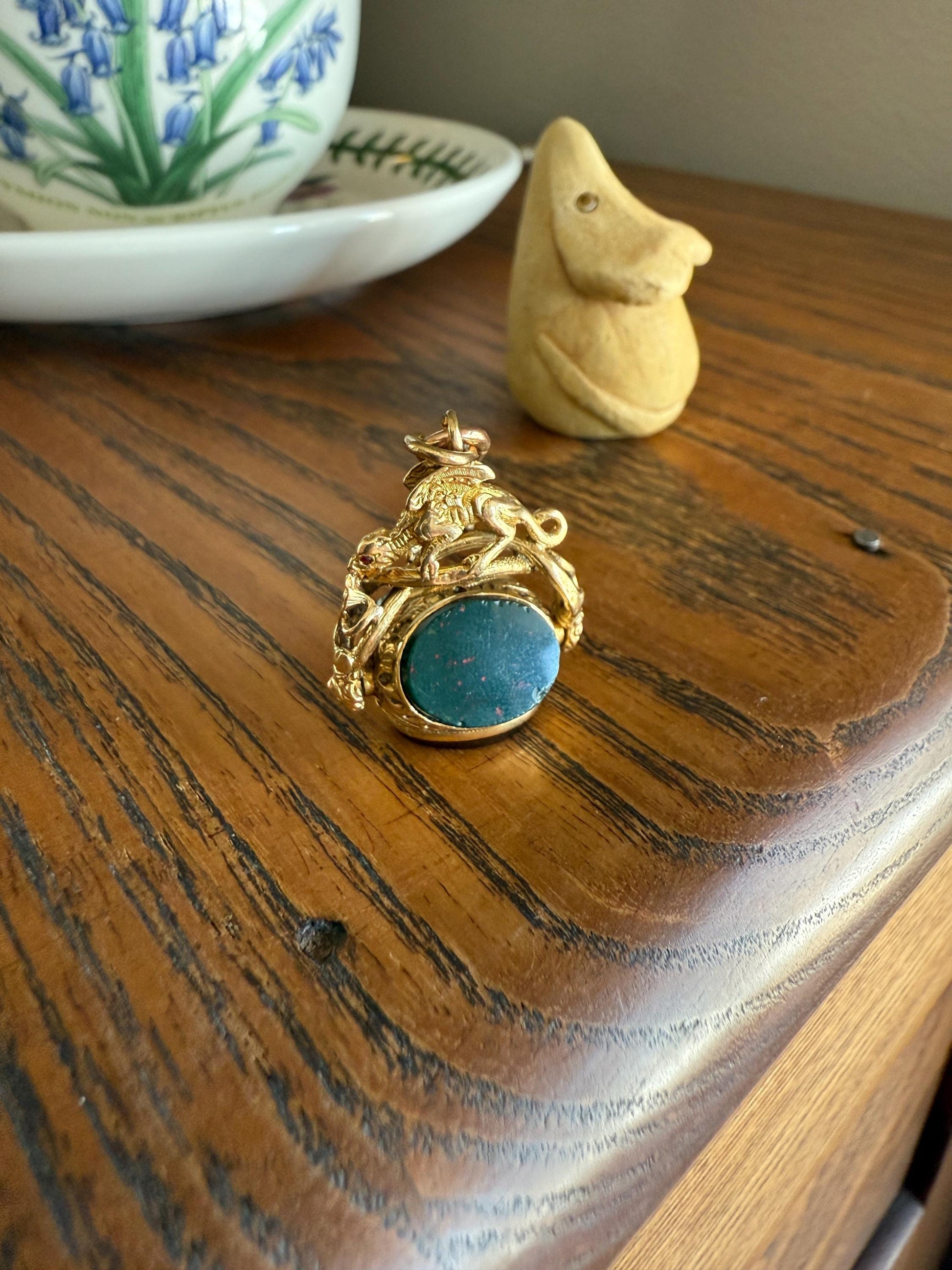 DRAGON 3D Spinner Fob Carnelian Bloodstone Antique 18k Gold Chimera Griffin Winged Lion FIGURAL Pendant Victorian French Belle Epoque