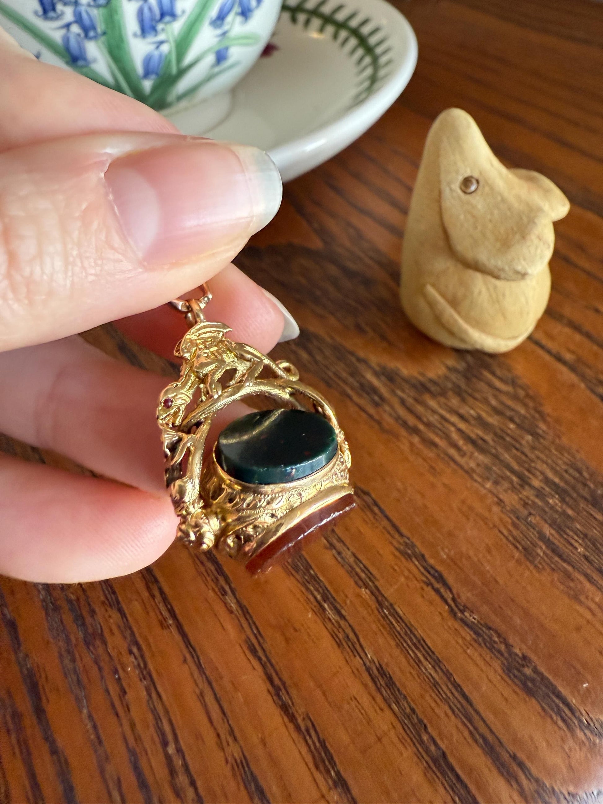 DRAGON 3D Spinner Fob Carnelian Bloodstone Antique 18k Gold Chimera Griffin Winged Lion FIGURAL Pendant Victorian French Belle Epoque