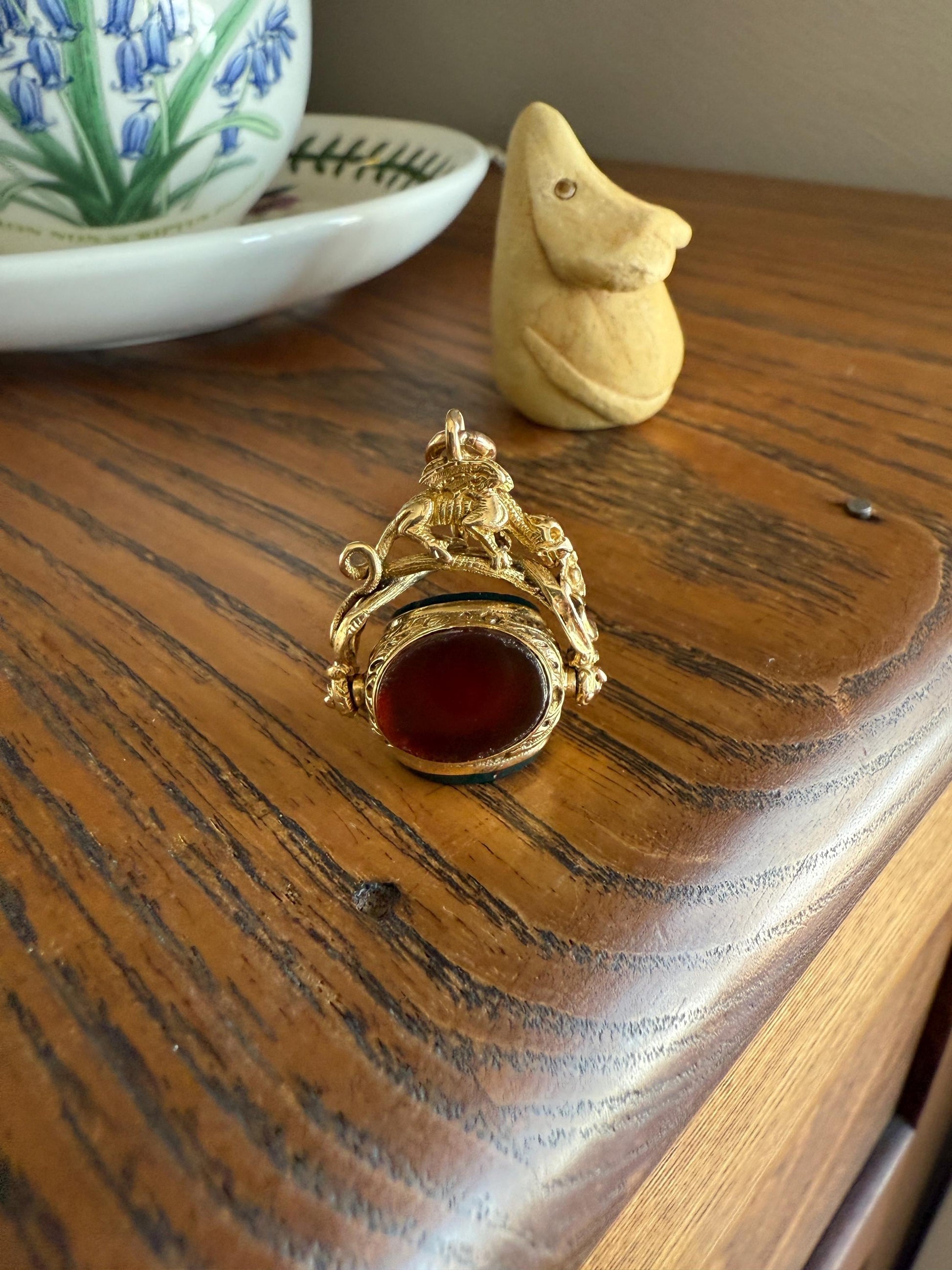 DRAGON 3D Spinner Fob Carnelian Bloodstone Antique 18k Gold Chimera Griffin Winged Lion FIGURAL Pendant Victorian French Belle Epoque