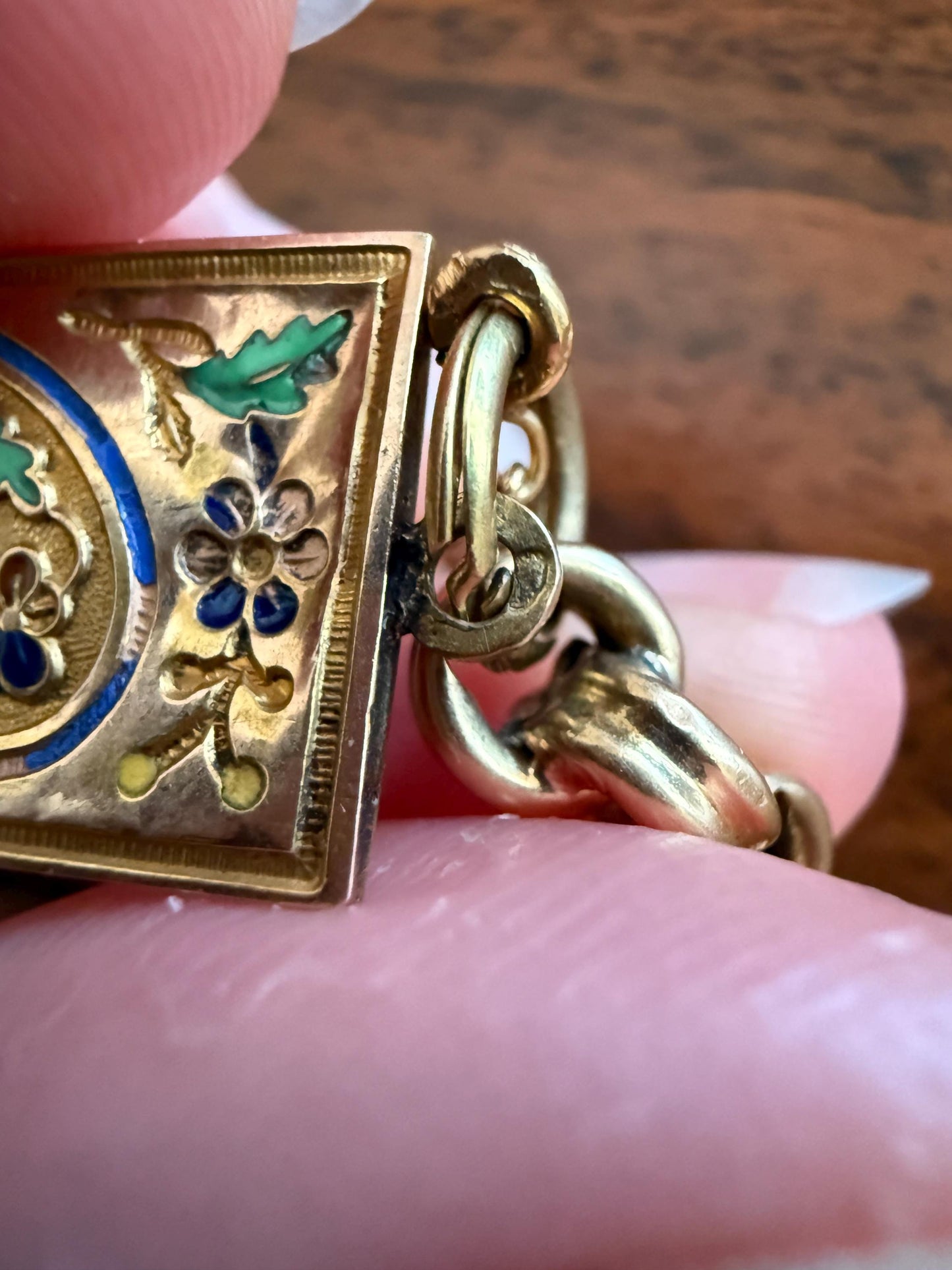 HEART Antique Chain BRACELET 18k Gold Solid Floral PANSY Forget Me Not Reversible Clasp 6.6g Think of Me French Traditional Enamel