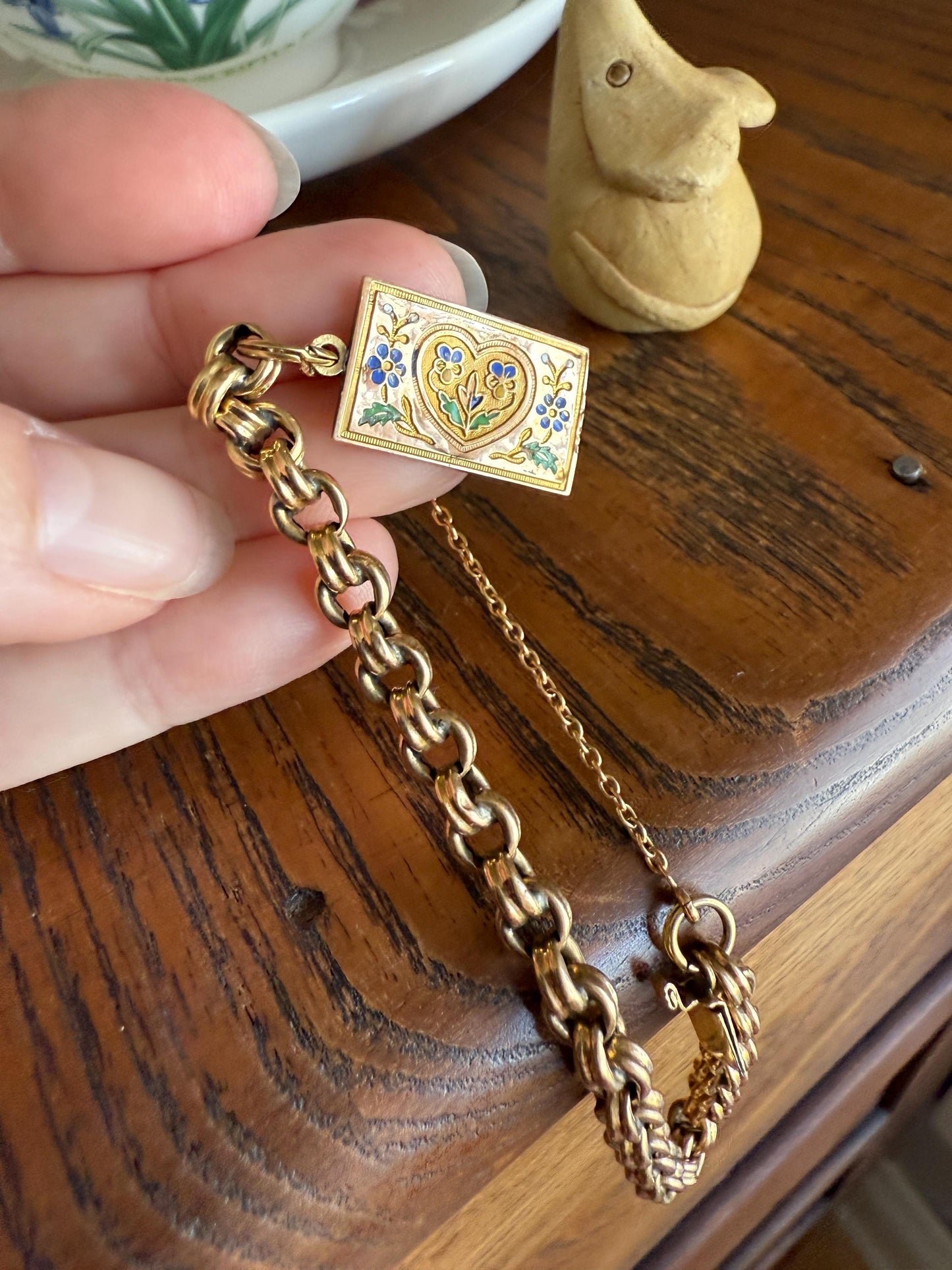 HEART Antique Chain BRACELET 18k Gold Solid Floral PANSY Forget Me Not Reversible Clasp 6.6g Think of Me French Traditional Enamel